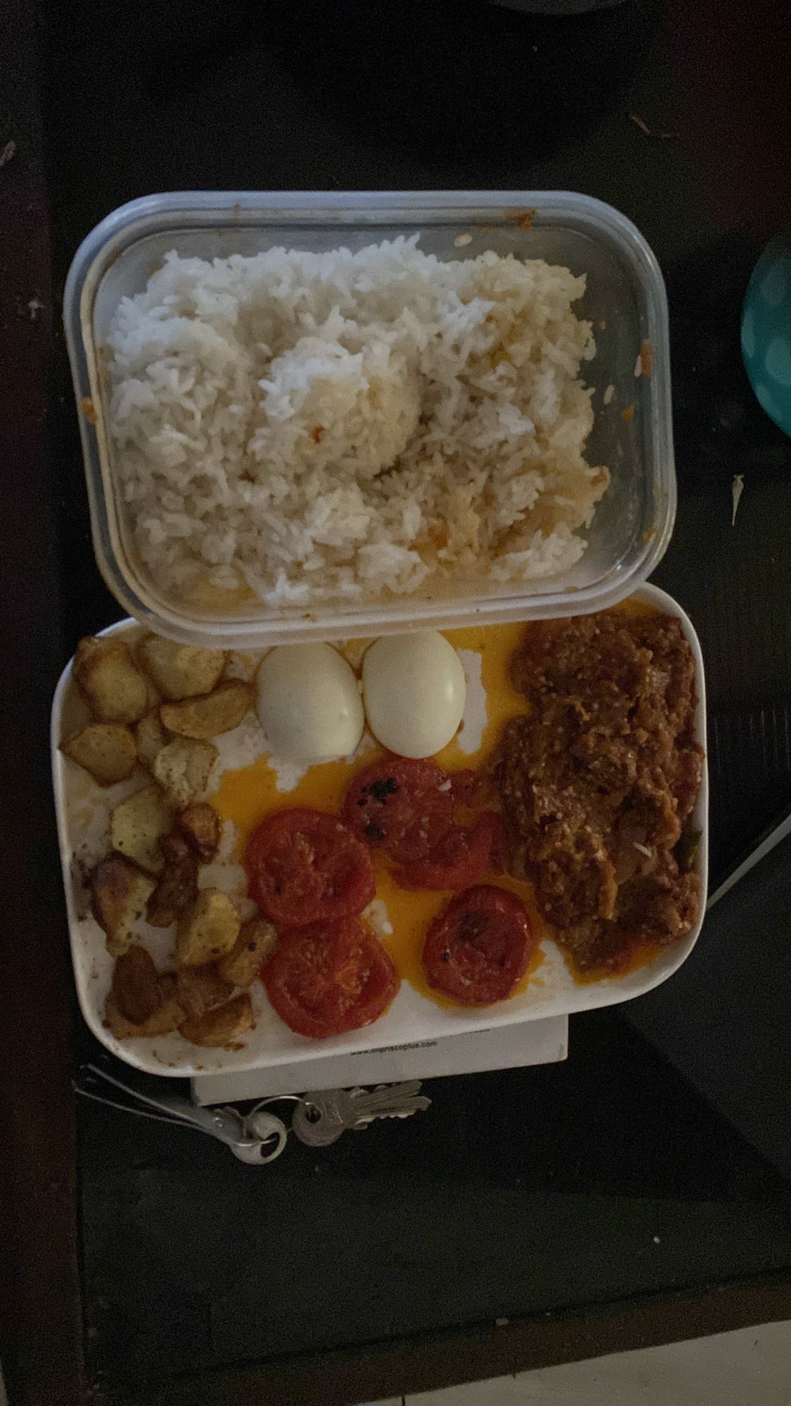 Rice, eggs, potatoes, stew