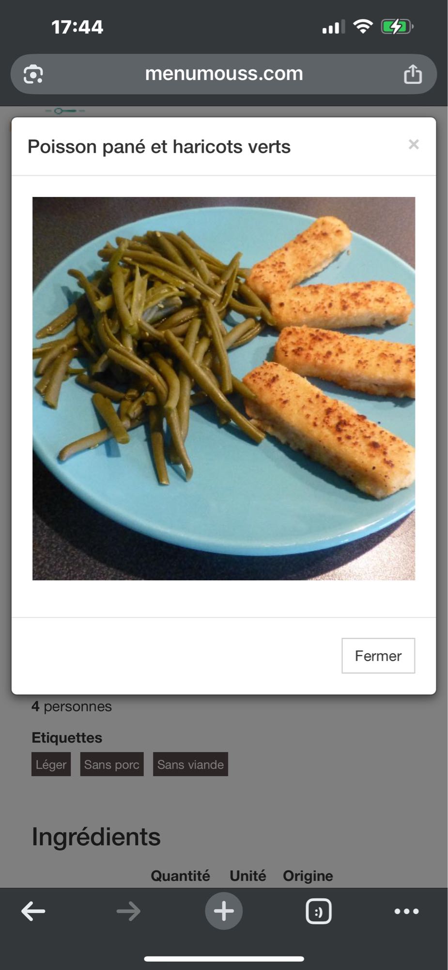 Poisson pané et haricots verts