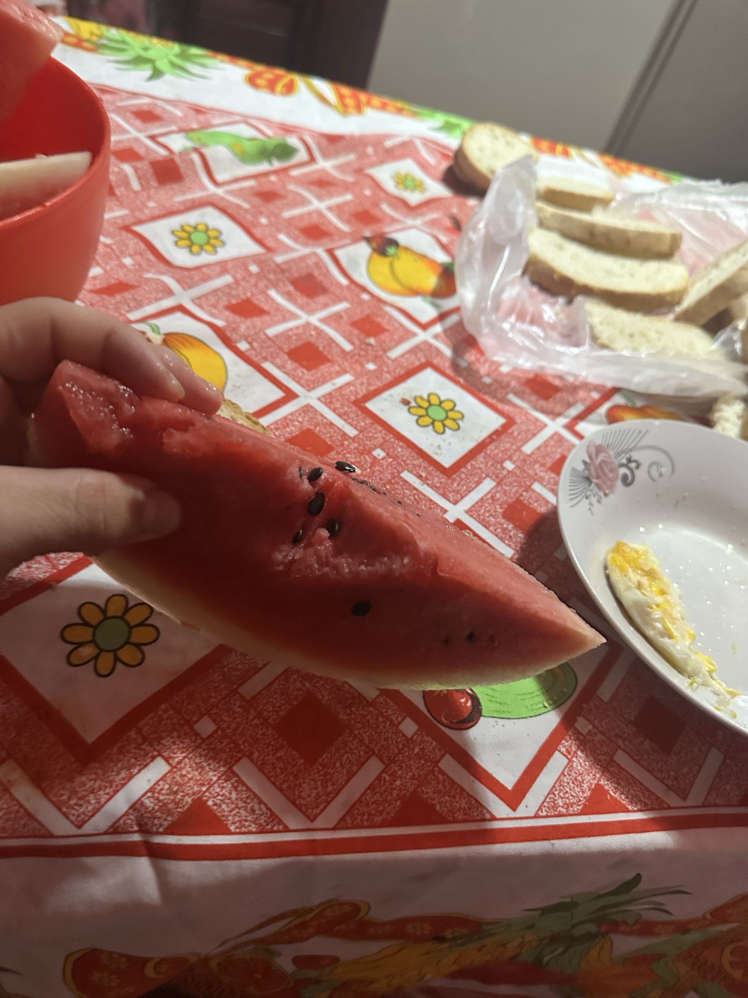 Watermelon and bread snack