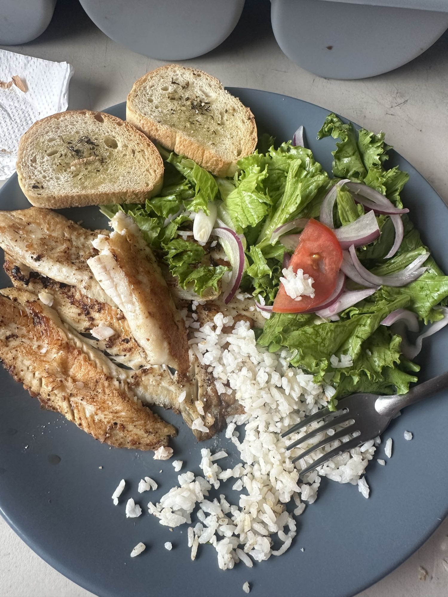 Pescado con arroz y ensalada