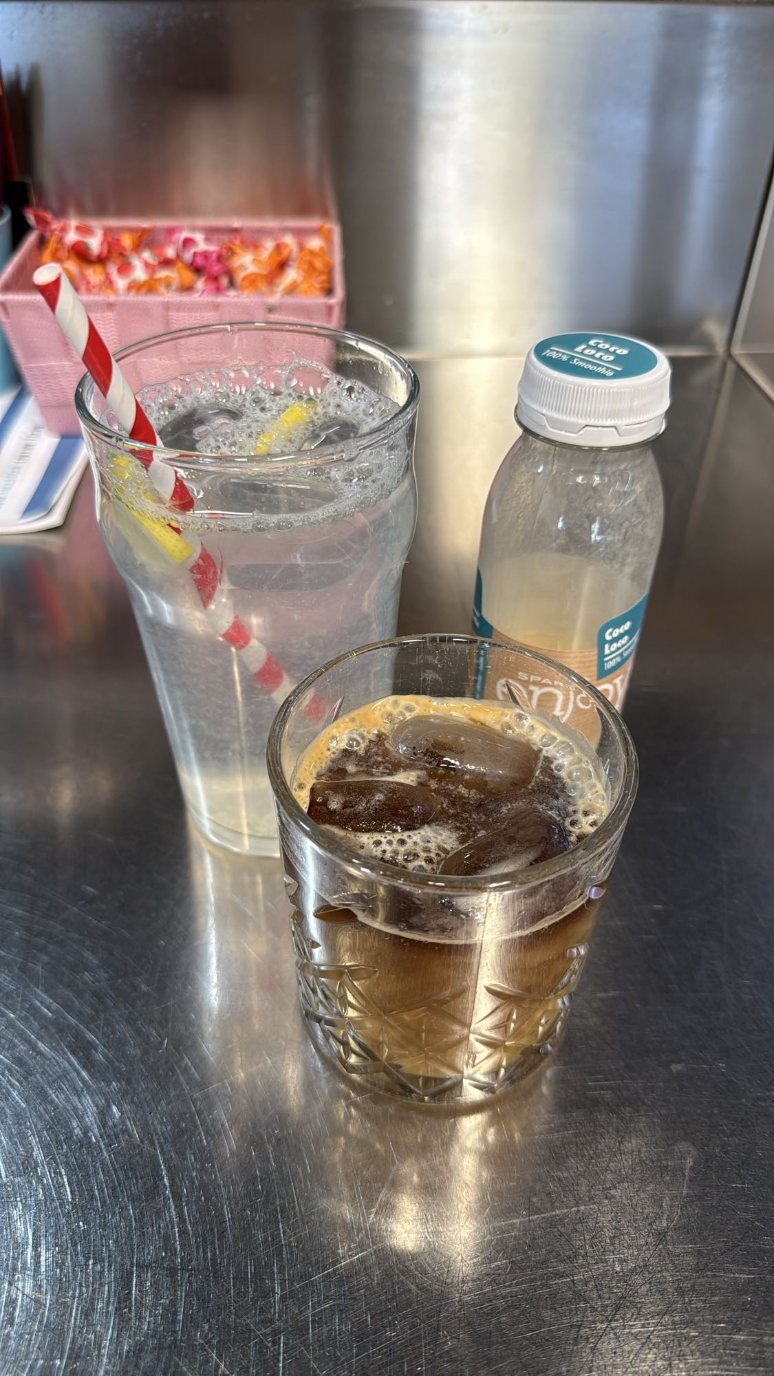 Sparkling water & iced coffee