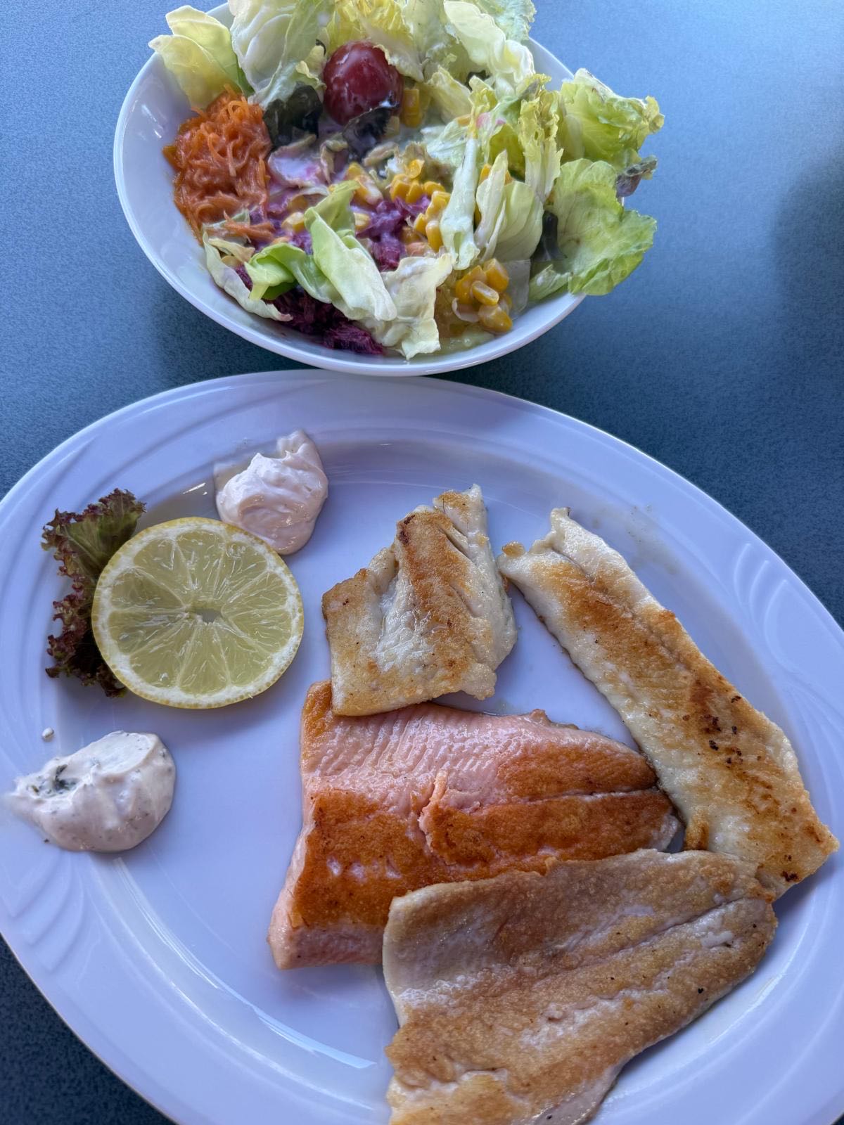 Ryba z sałatką i sosem