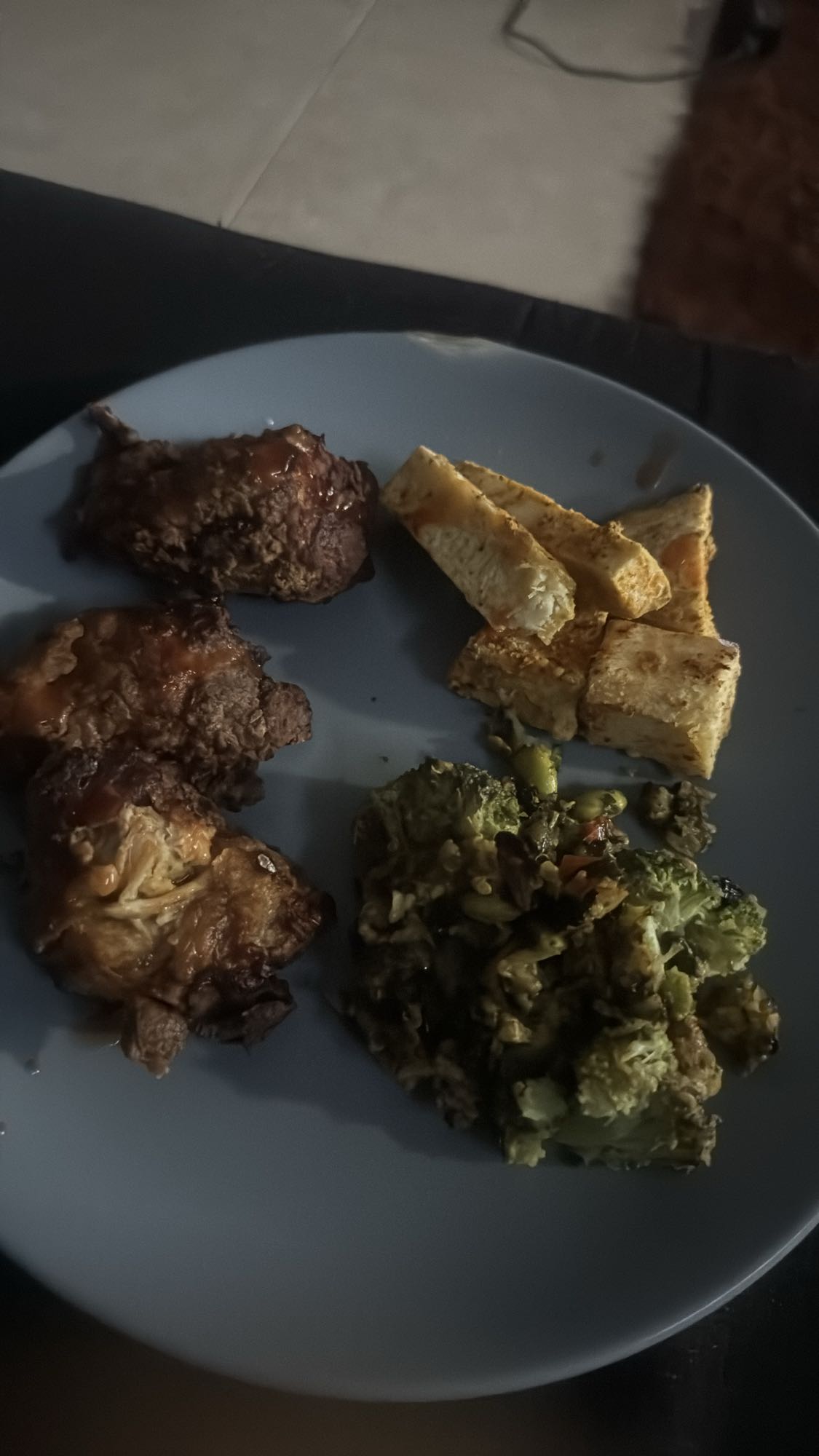 Chicken, tofu, broccoli plate