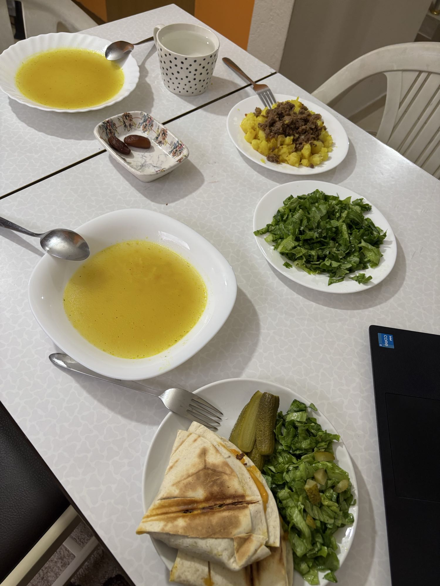 Soup, wrap, salad, potato beef
