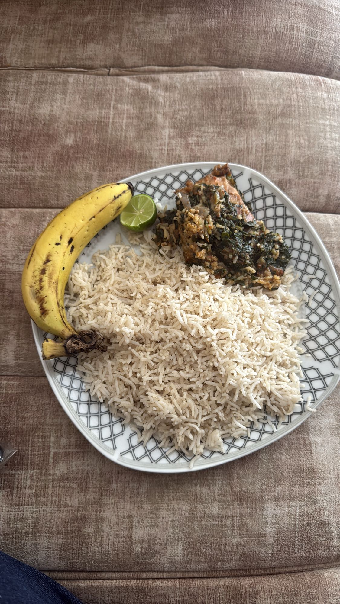 Rice, stew, banana, lime