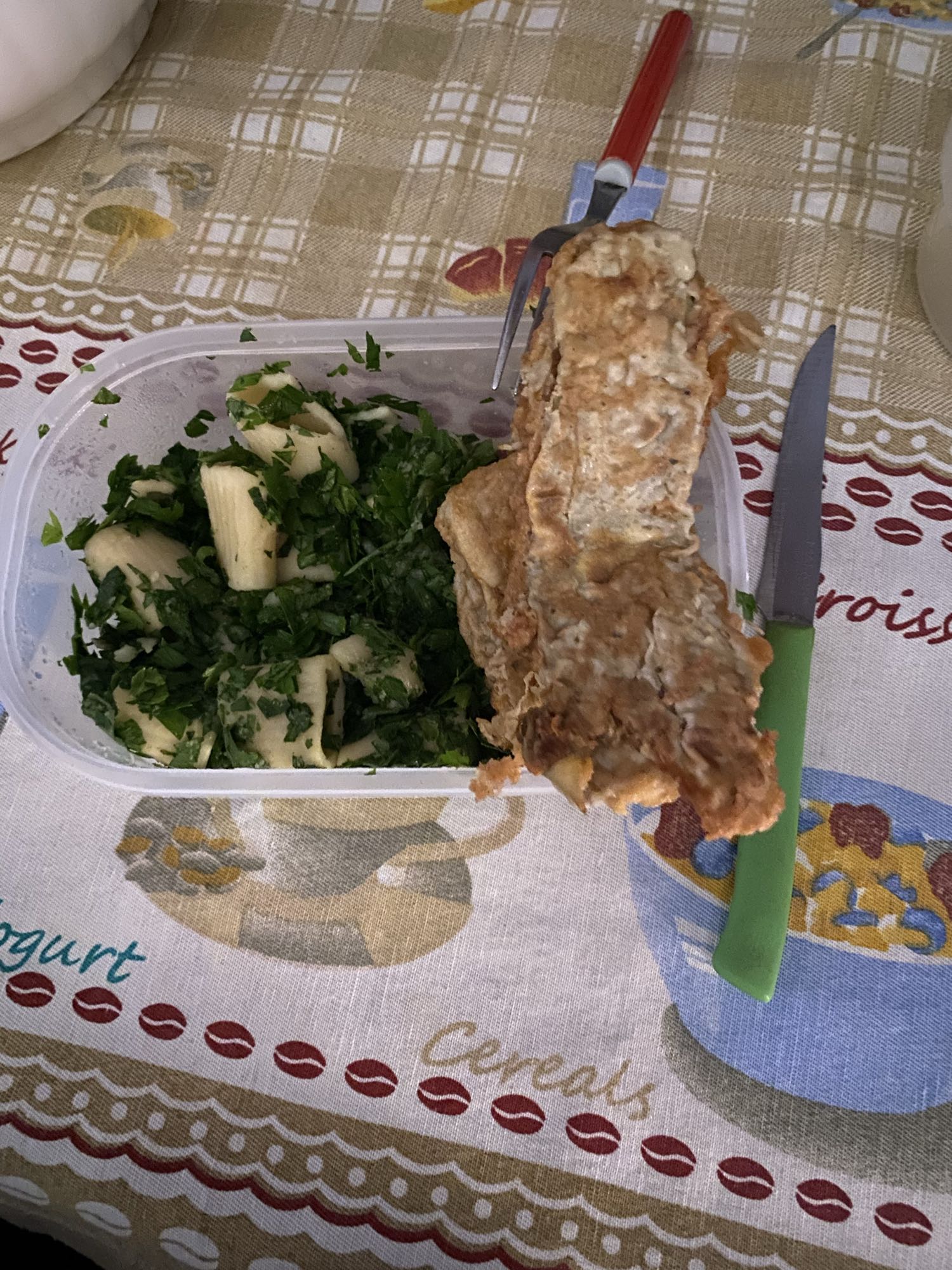 Fried meat with pasta salad