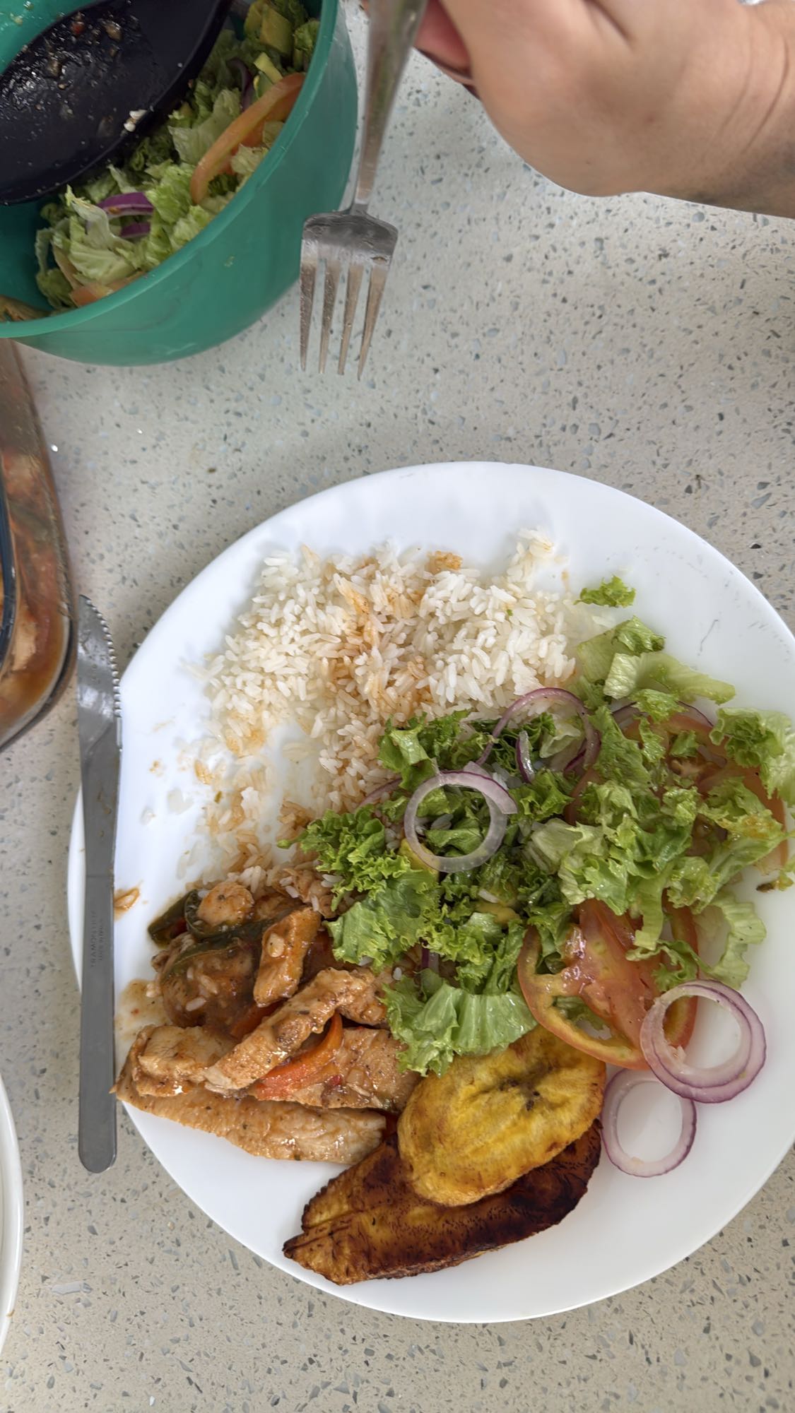 Arroz con carne y ensalada