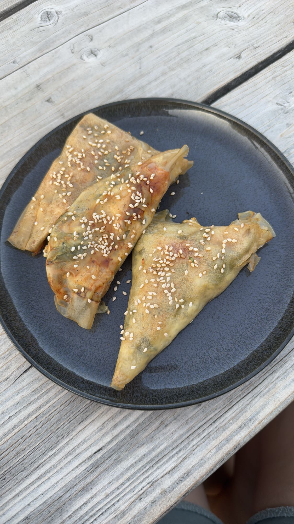 Samosas mit Reispapier, Blattspinat, Hähnchenbrust, körnigem Frischkäse, Ei und Light Käse