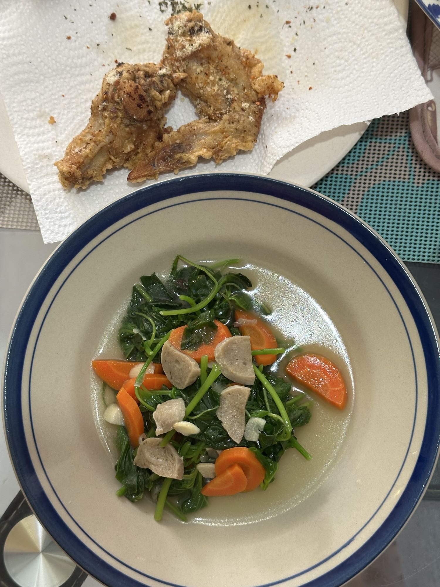 Fried chicken and veggie soup