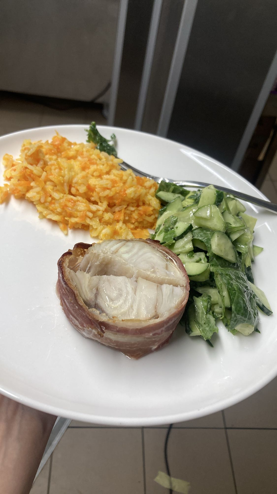 Fish, rice and salad