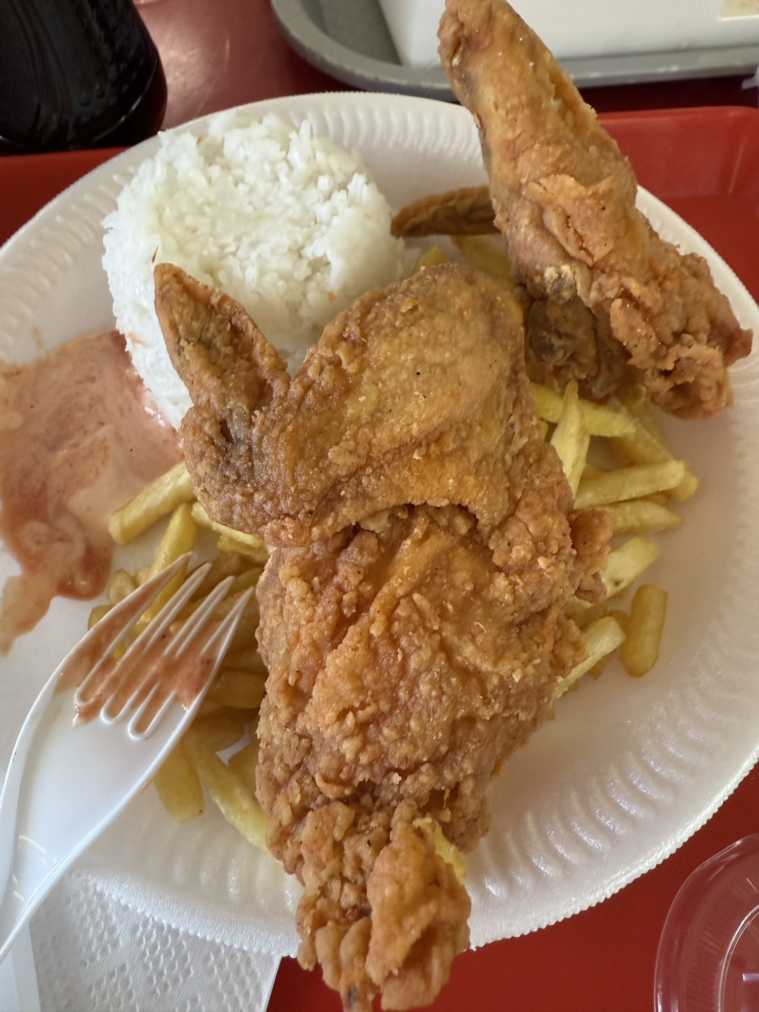 Pollo frito con arroz y papas