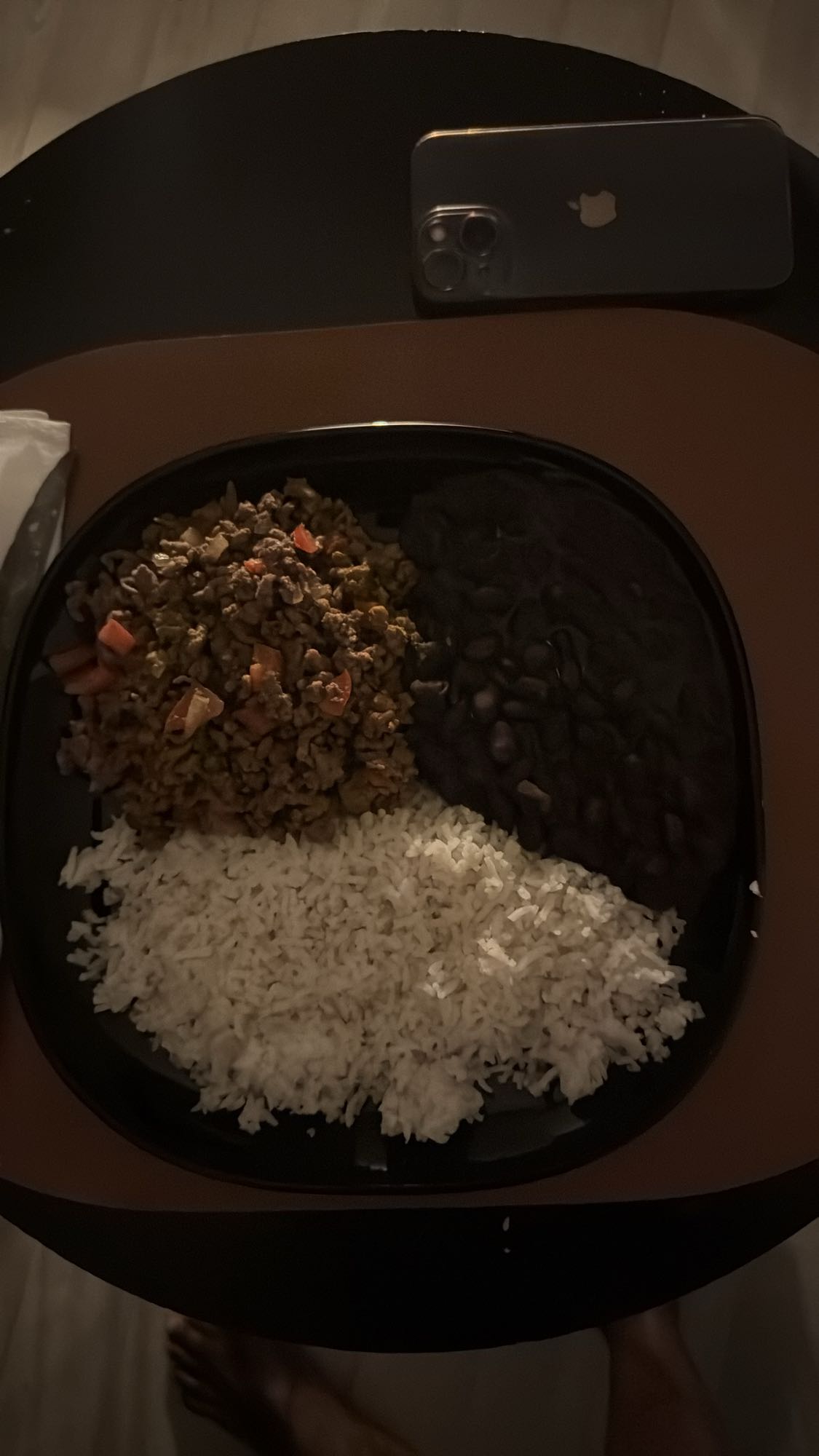 Arroz, feijão e carne moída