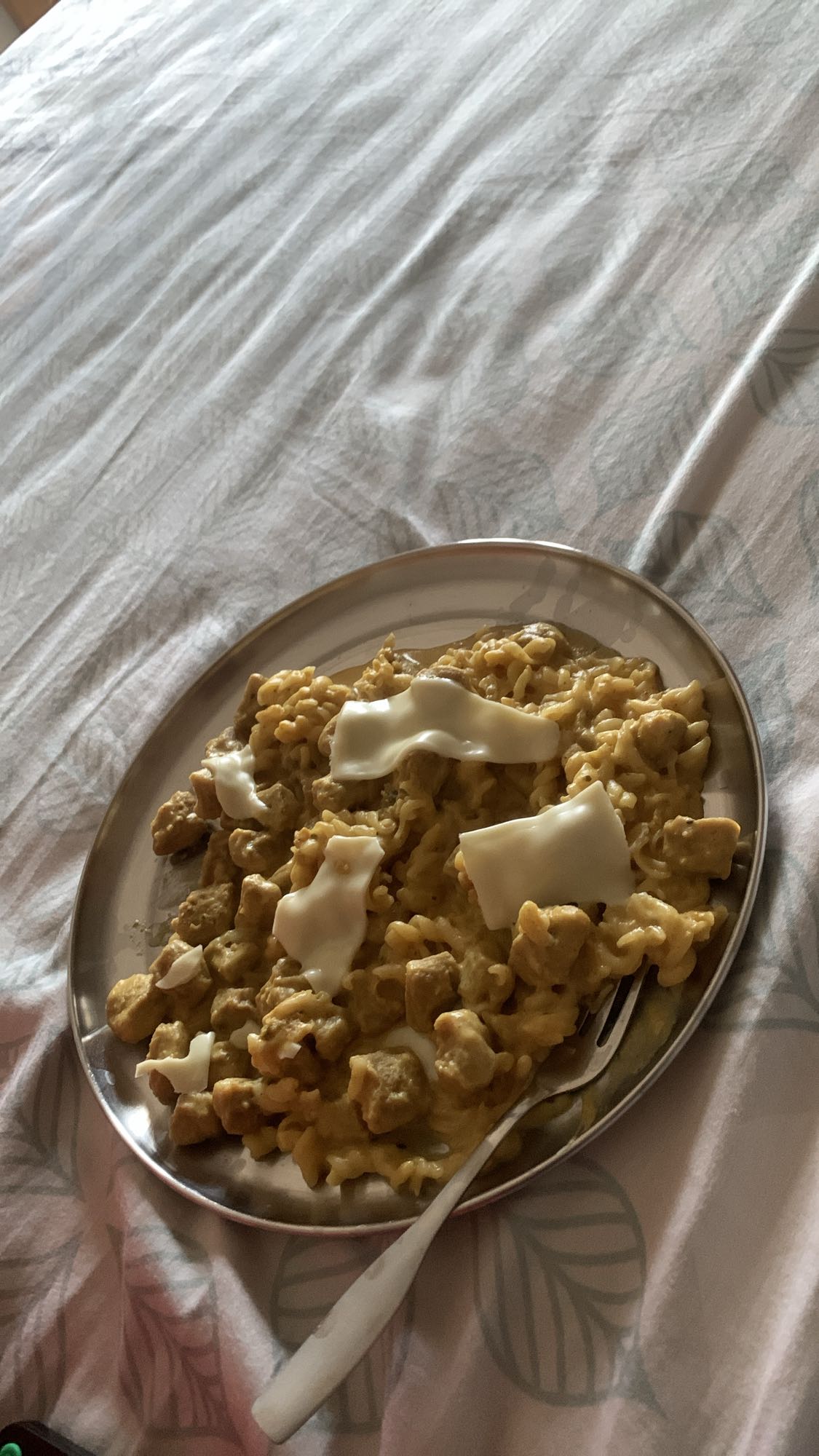 Cheesy pasta with soy chunks