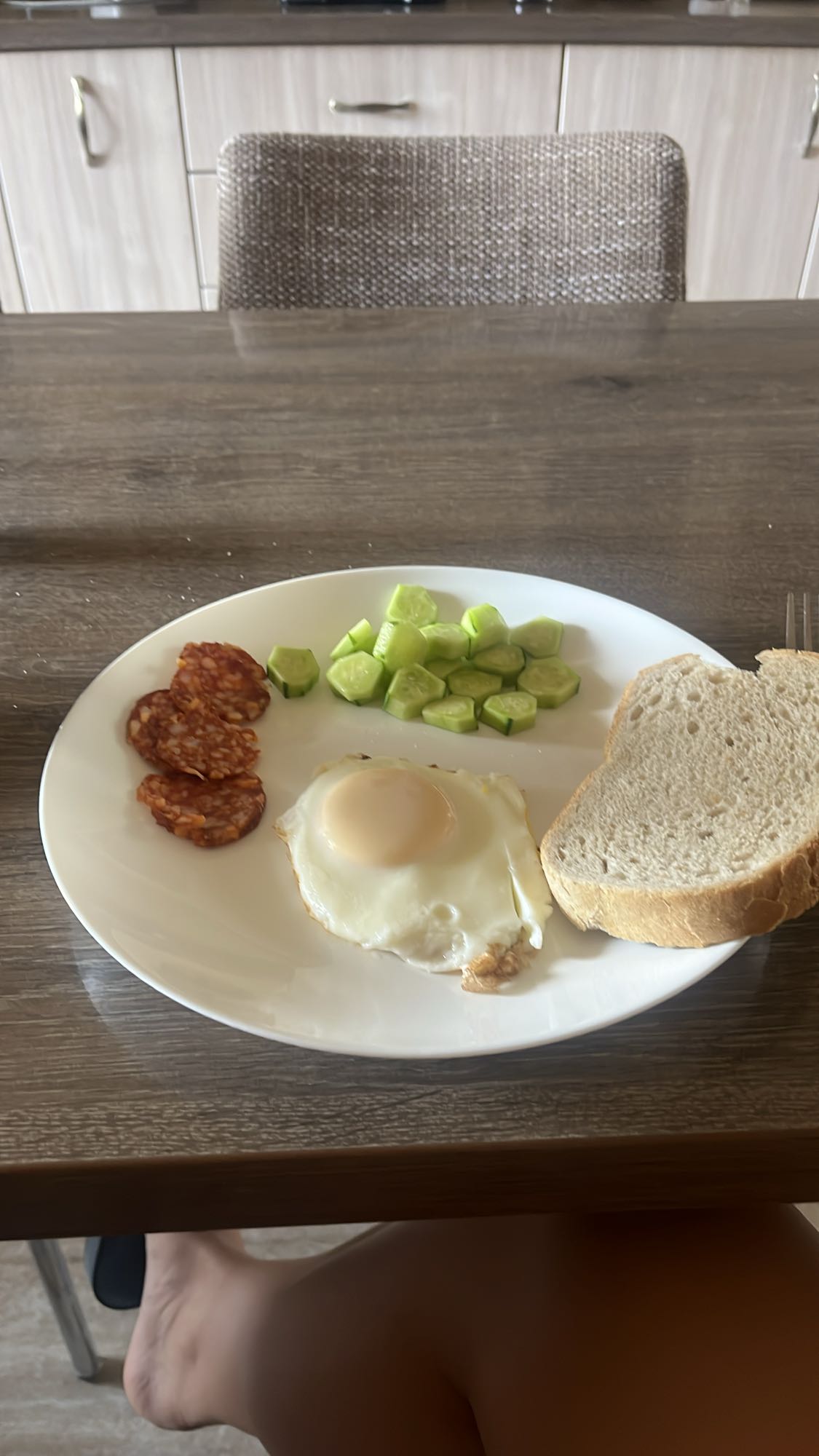 Egg, bread, cucumber, sausage