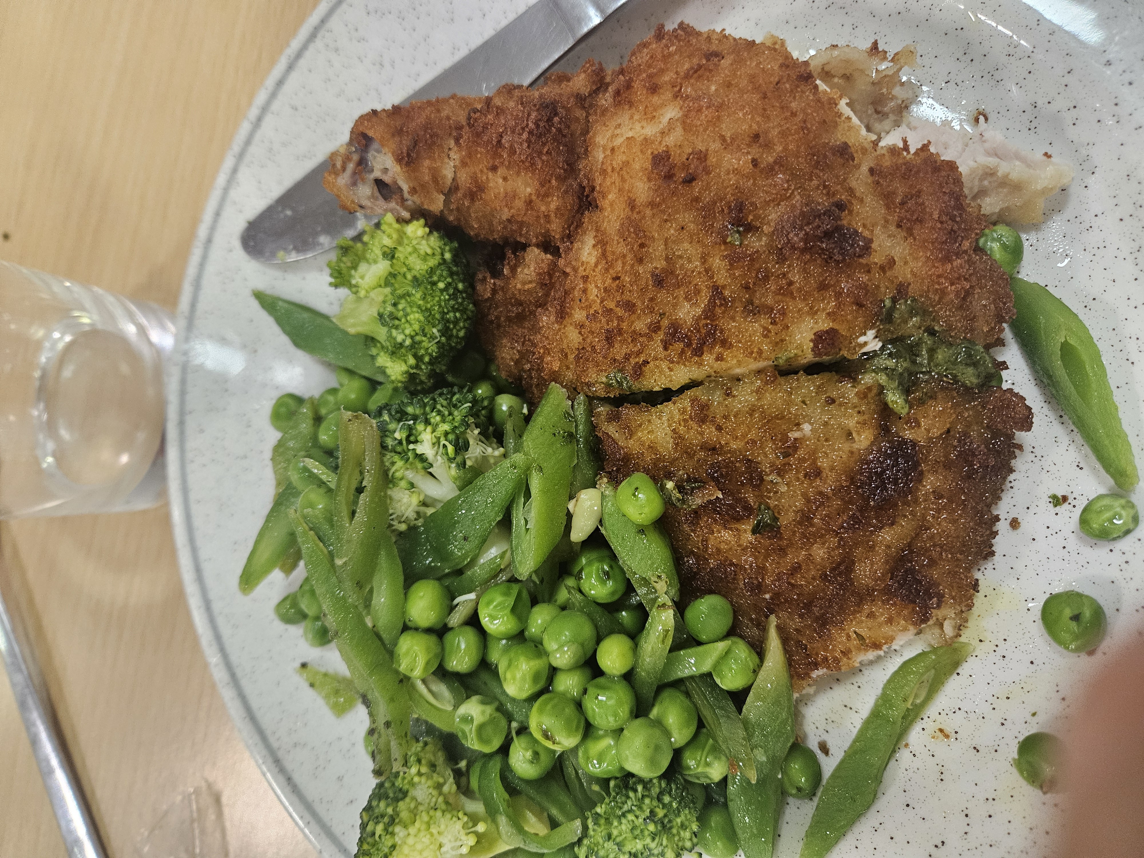Breaded chicken with greens