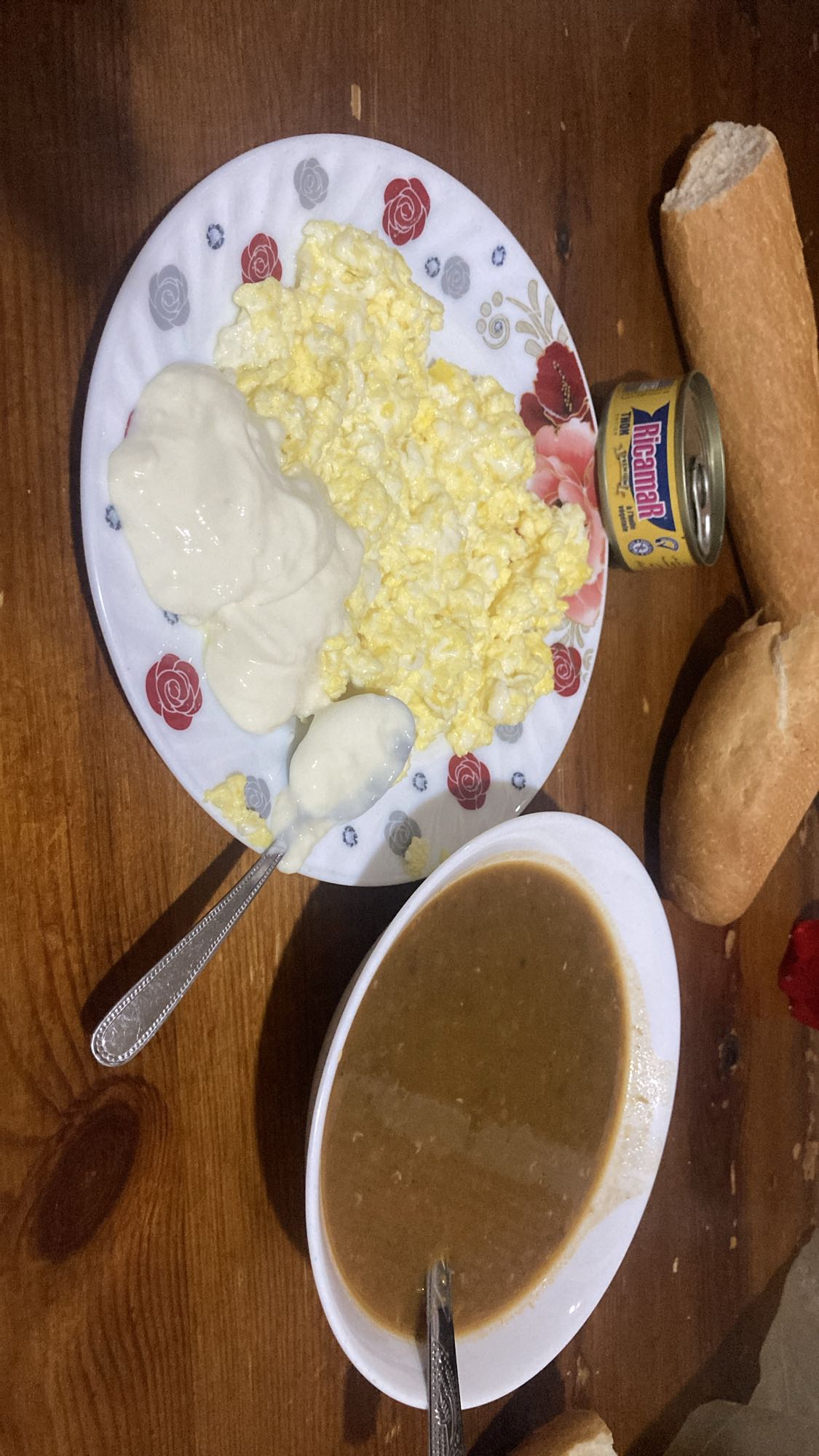 Eggs, yogurt, soup, bread