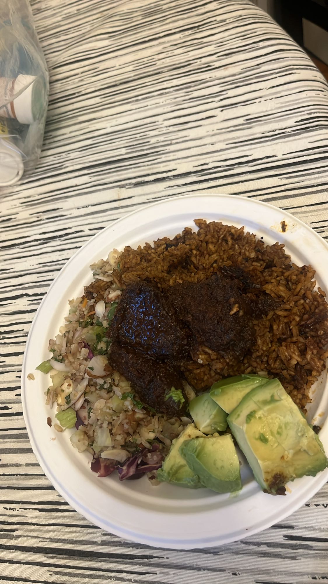Beef stew with rice and salad