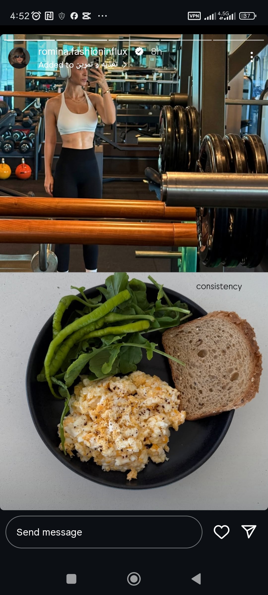 Eggs, greens, bread plate