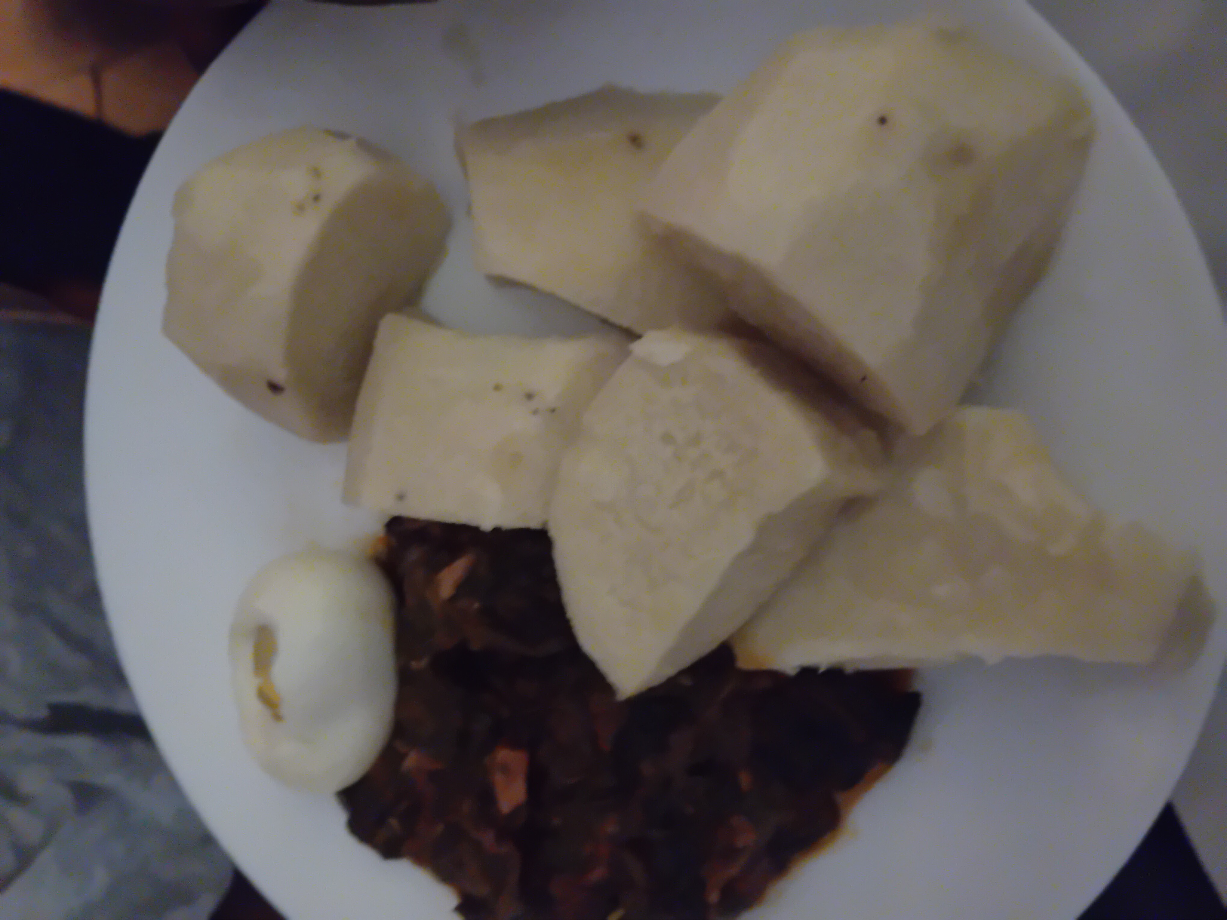 Boiled yam, egg, vegetable sauce