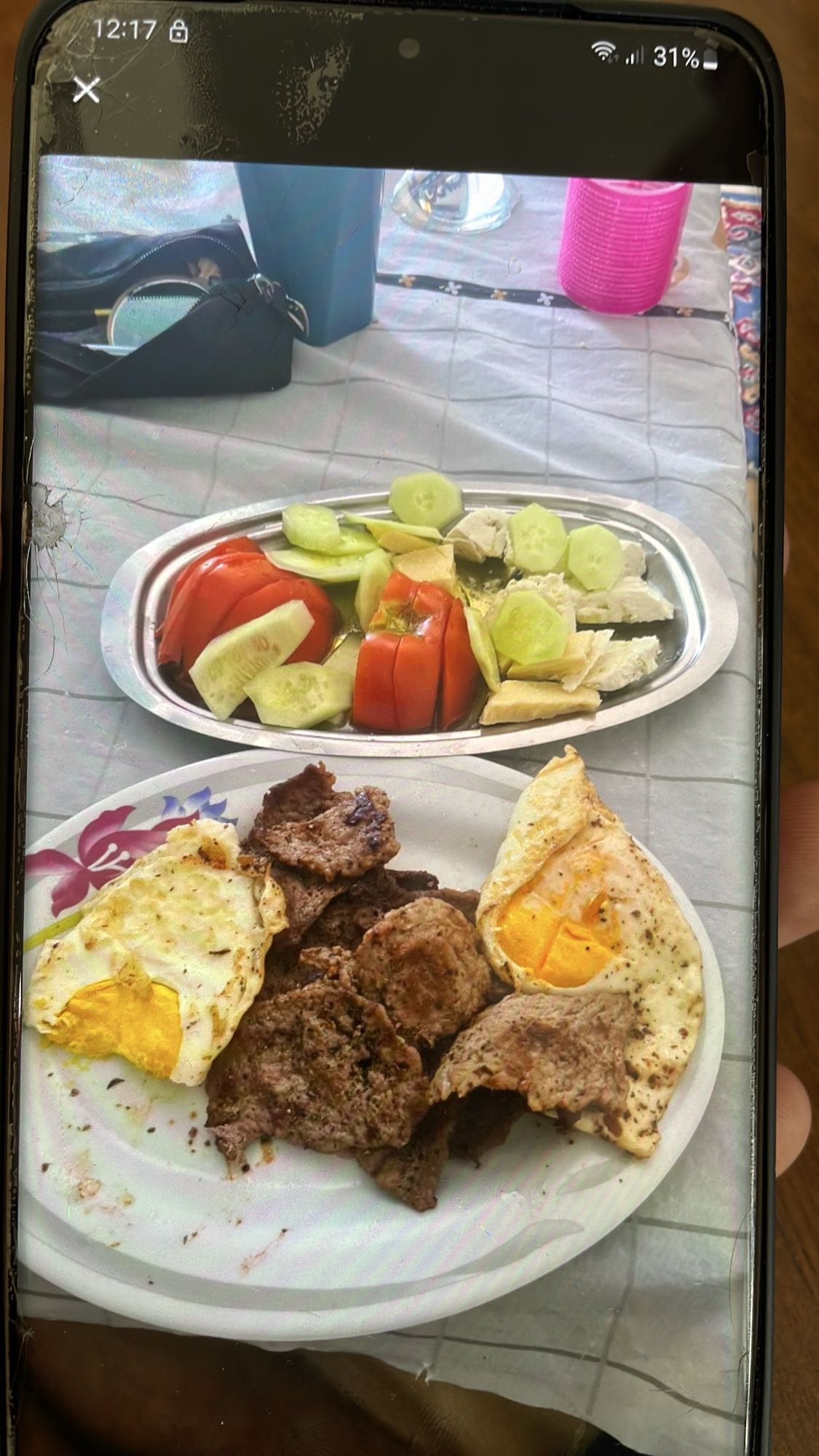 Eggs, beef, salad plate