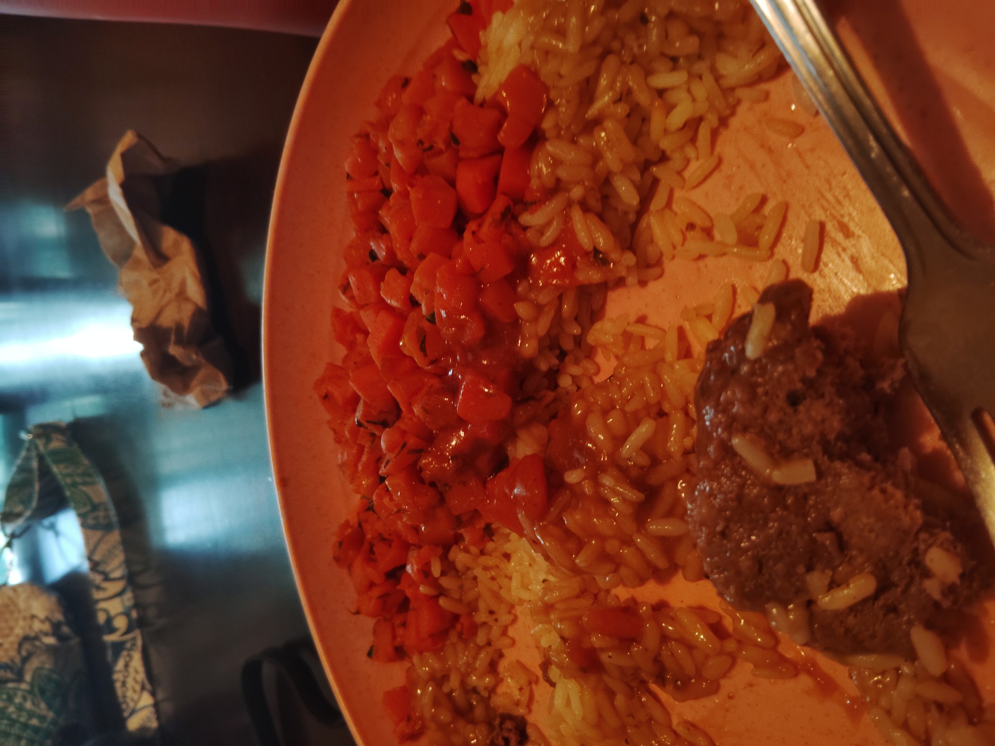 Rice, carrots, beef patty