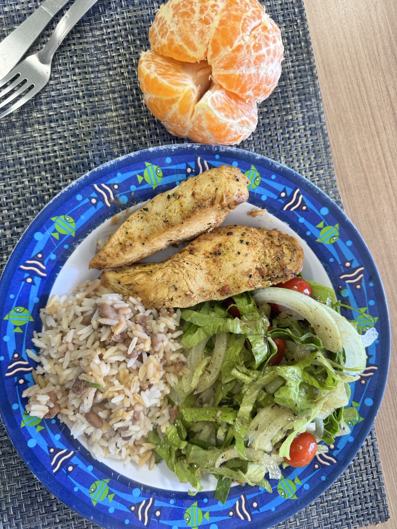Frango, arroz, salada e tangerina