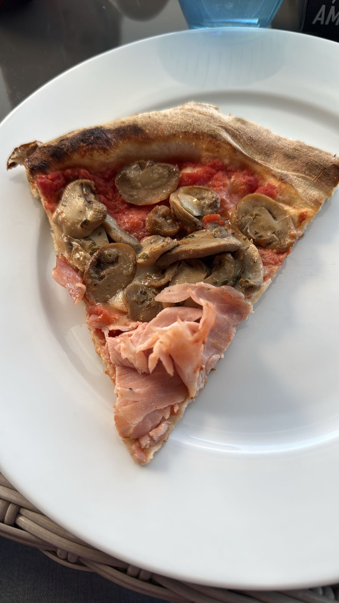 Ham and mushroom pizza slice