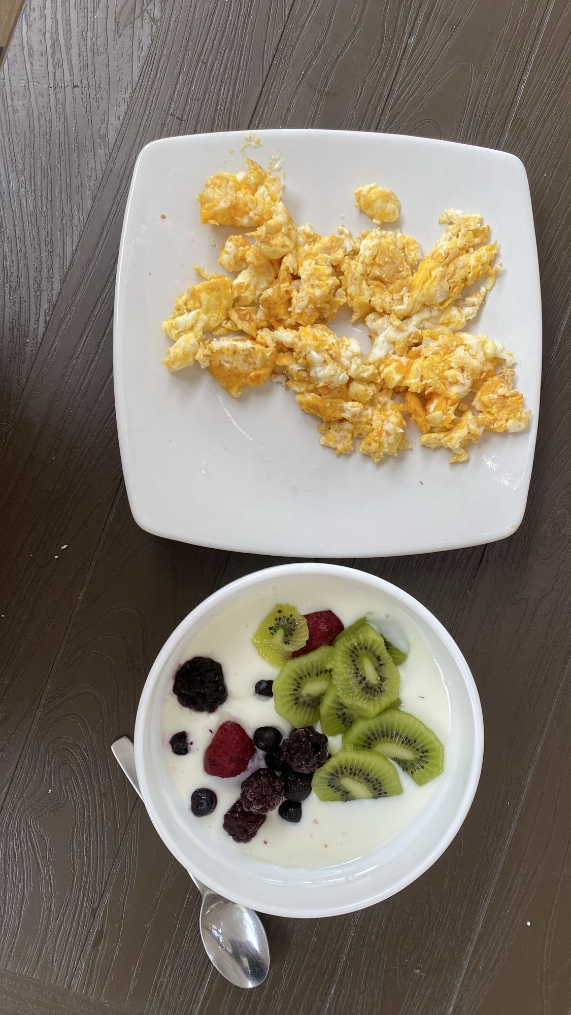 Scrambled eggs and yogurt bowl