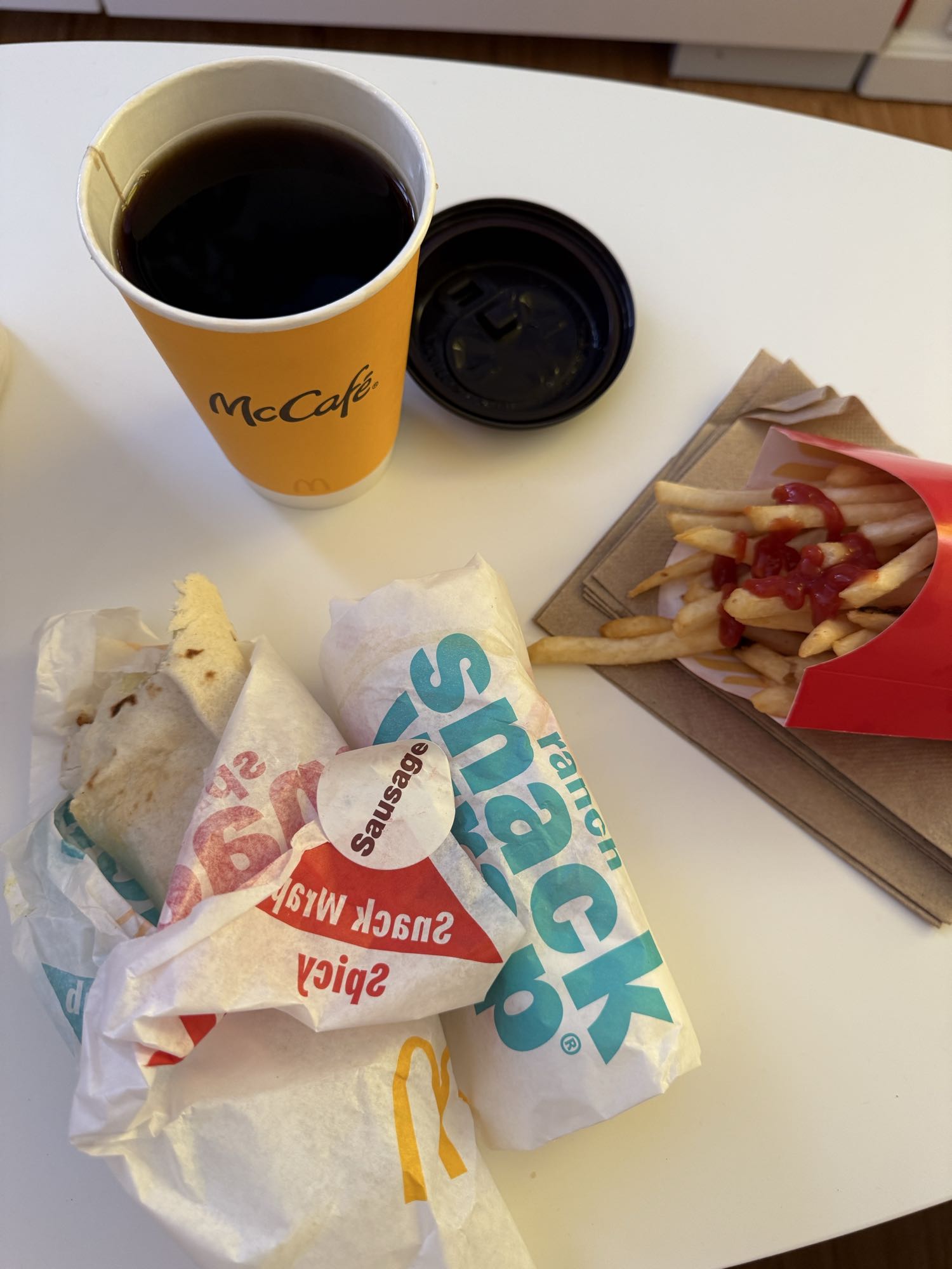 McWraps, fries, black coffee