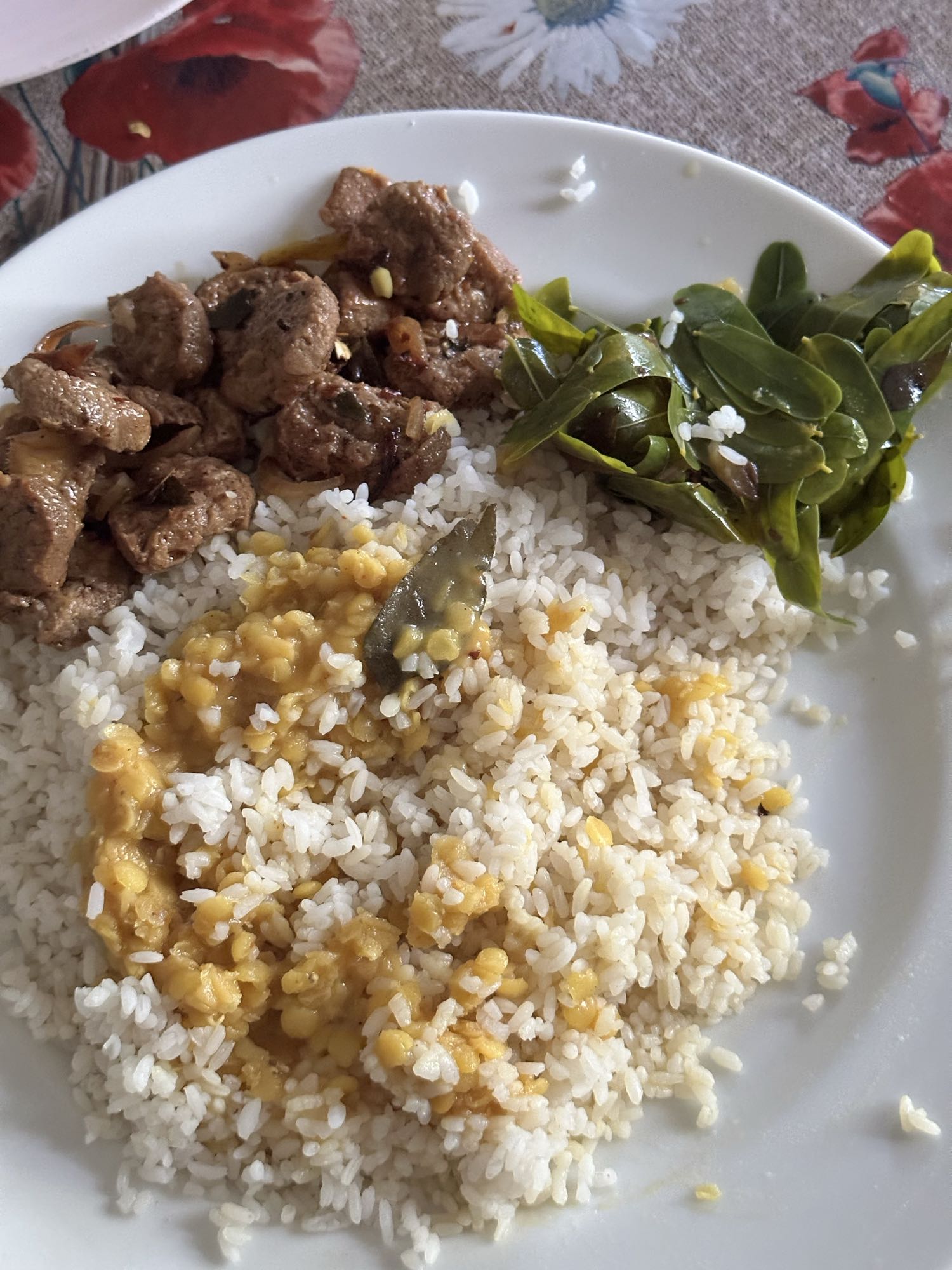 Rice, lentils, beef, greens