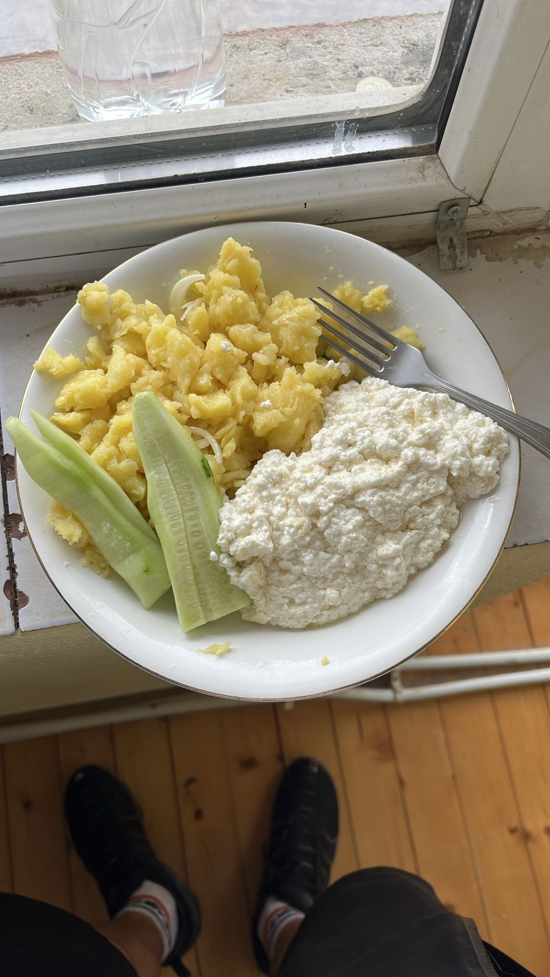 Potato, curd, cucumber plate