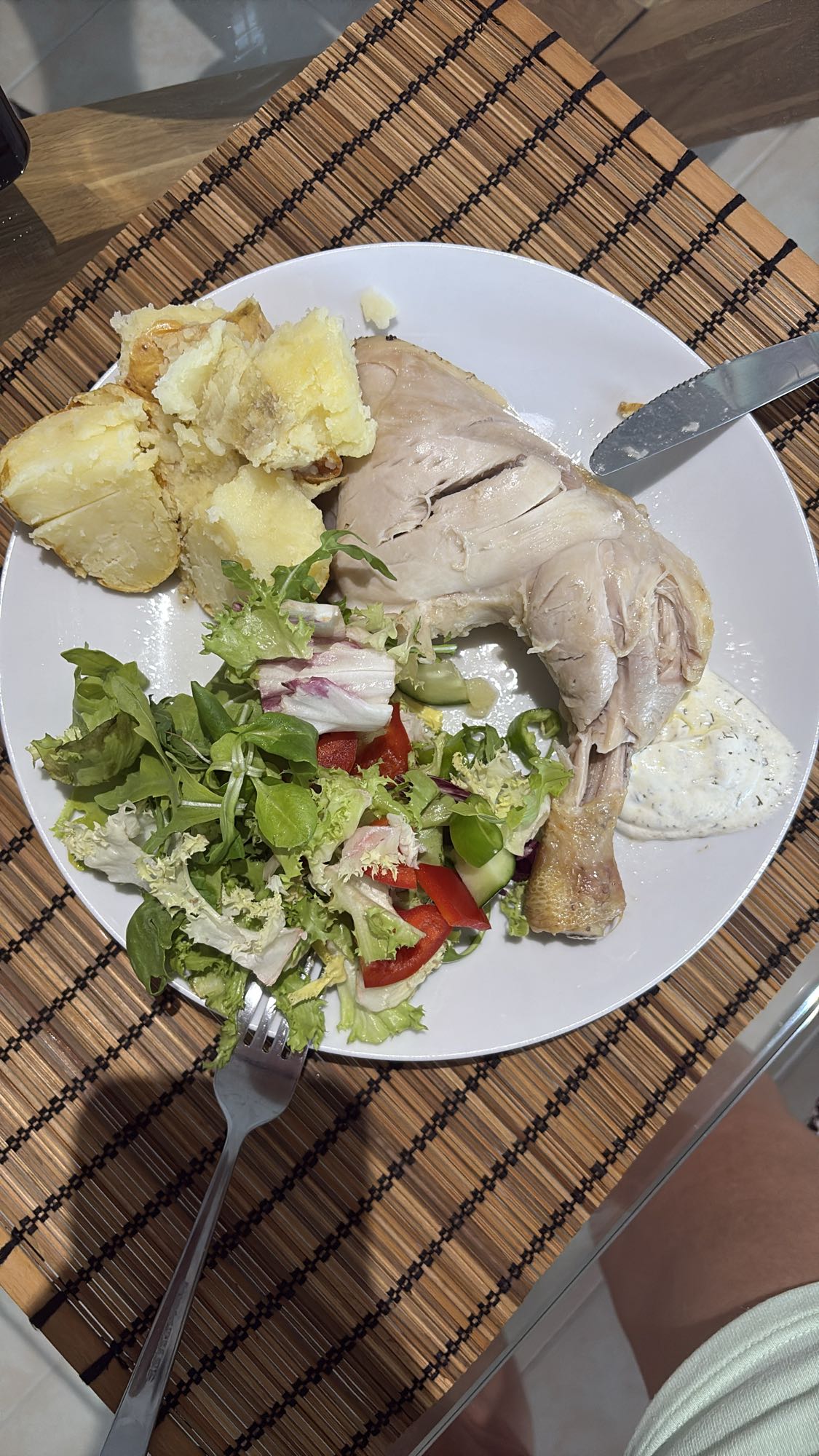 Chicken, potatoes, salad
