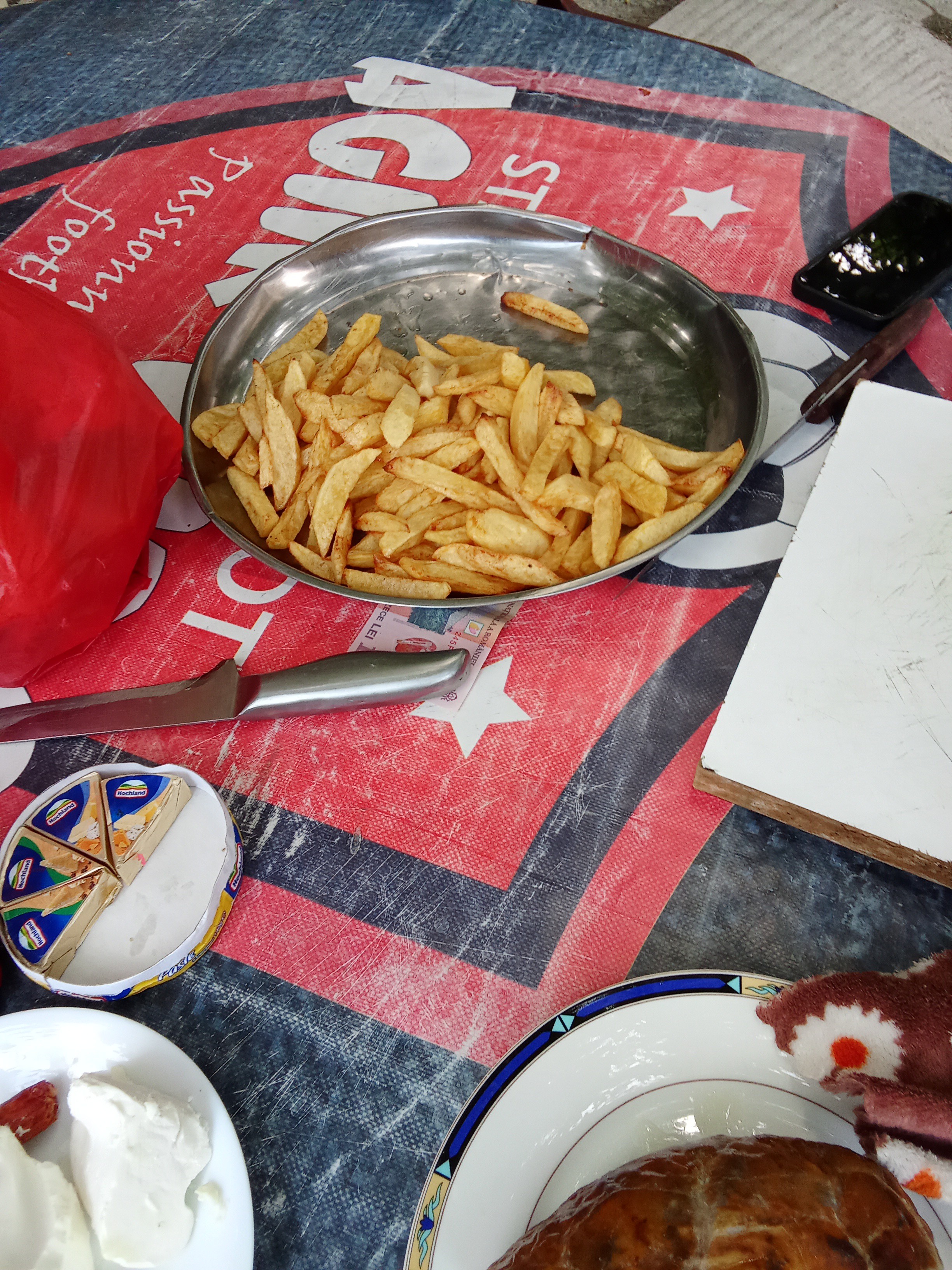 Fries, cheese, bread, yogurt