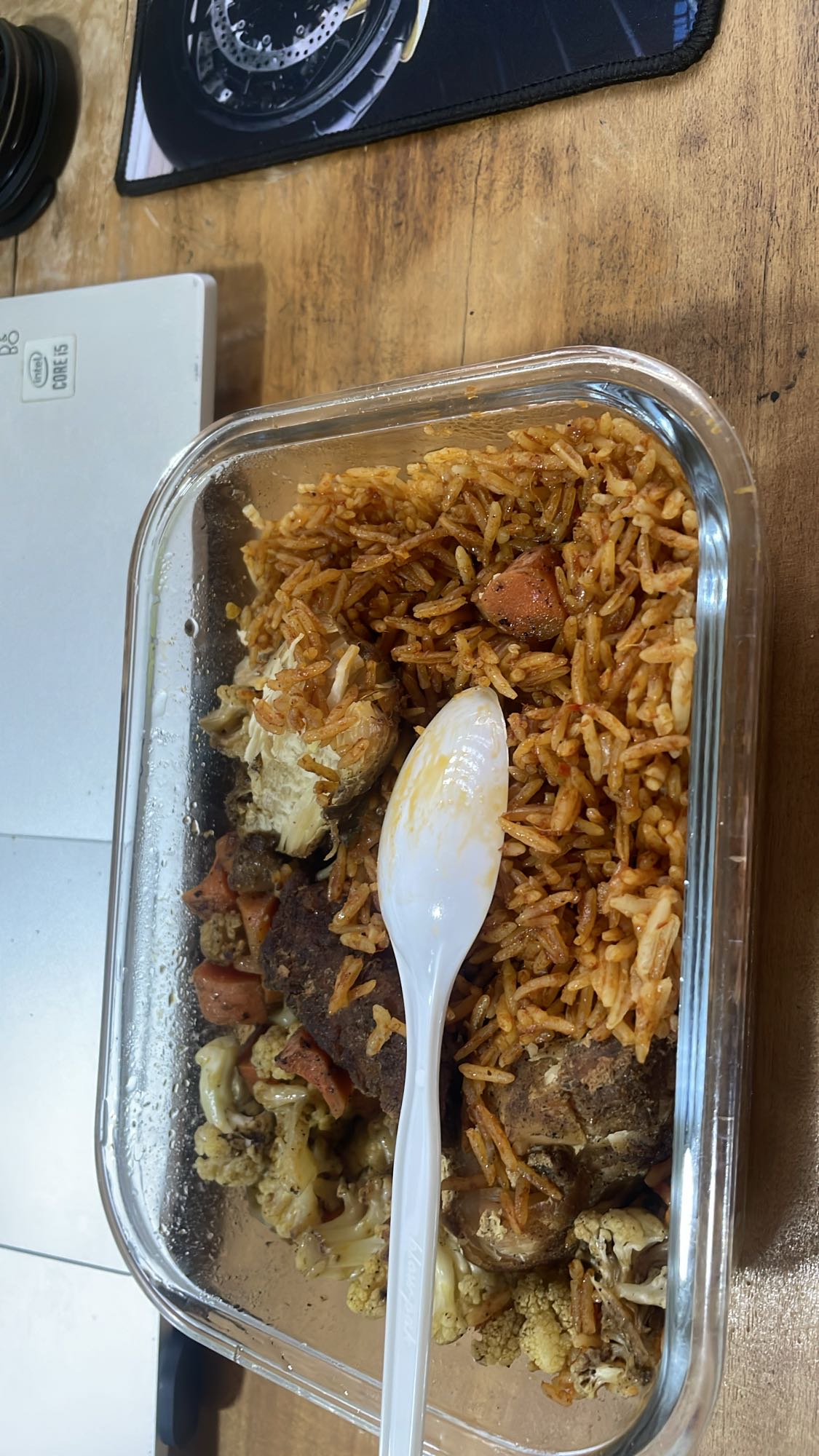 Jollof with sauté cauliflower and carrots with chicken breast