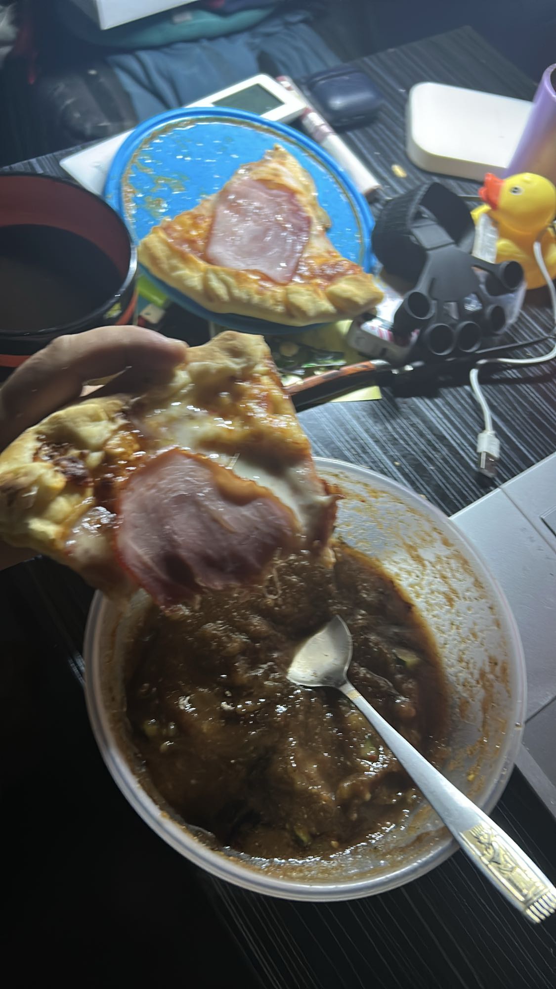 Ham Pizza with Stew and Gazpacho