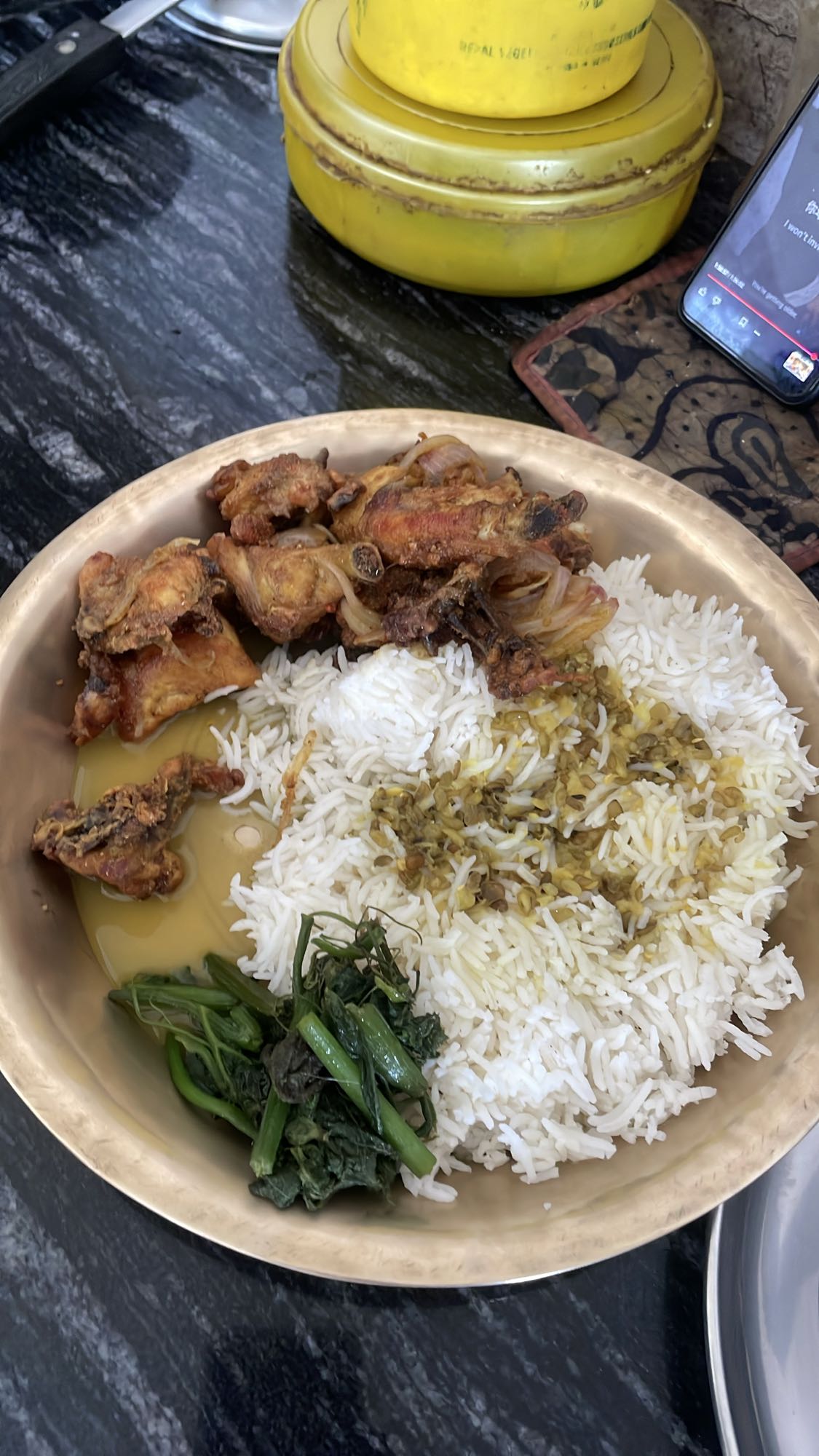 Rice, chicken, dal, greens