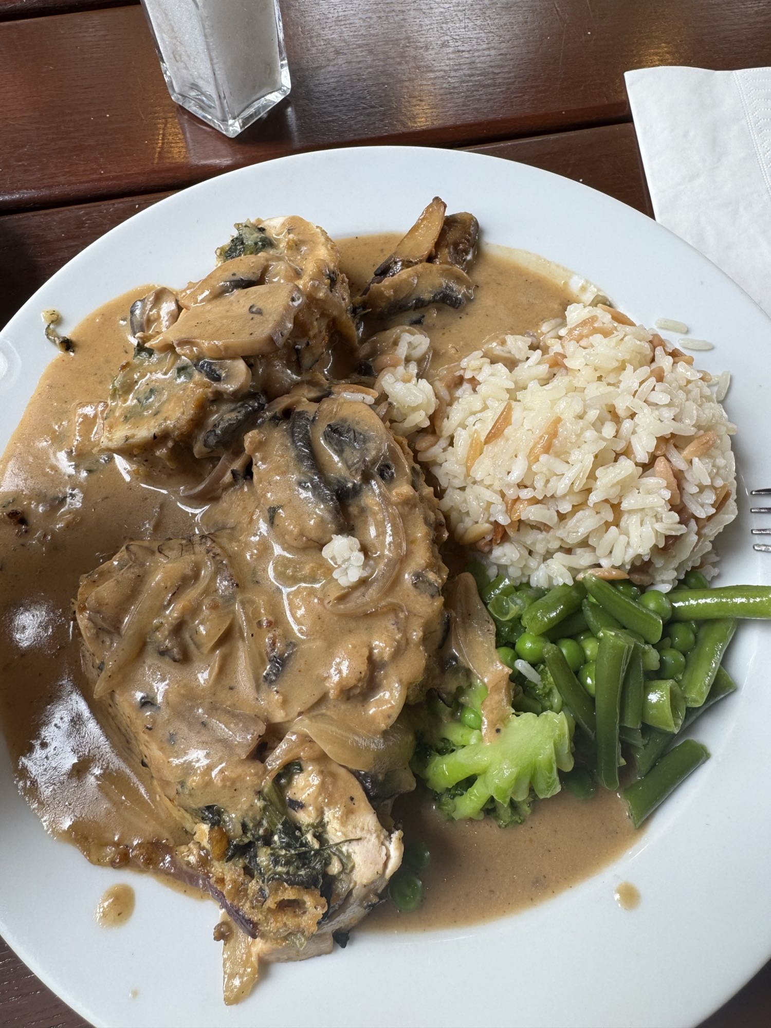 Hähnchen mit Pilzsoße, Reis und Spinat