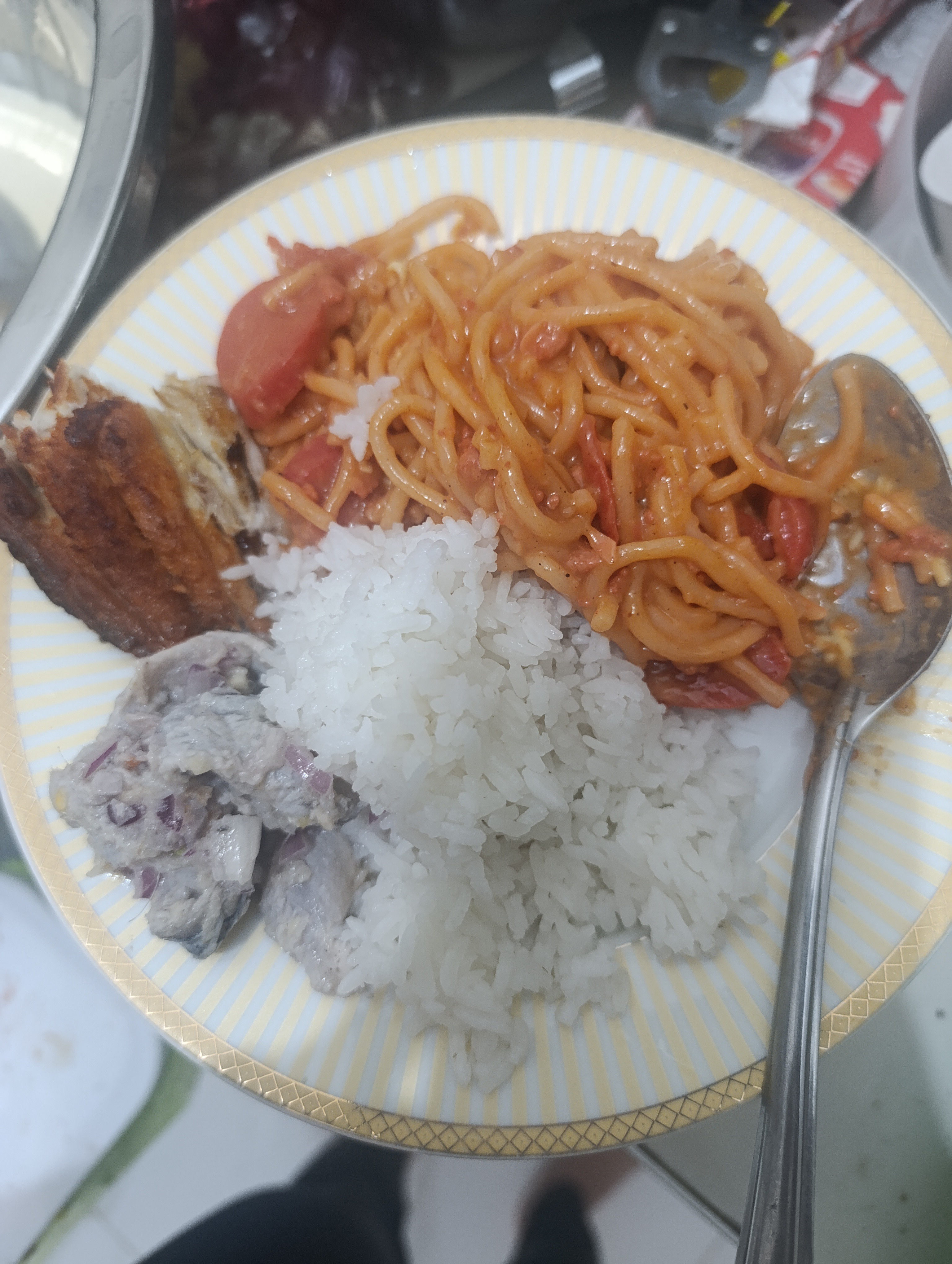 Rice, spaghetti, chicken, fish