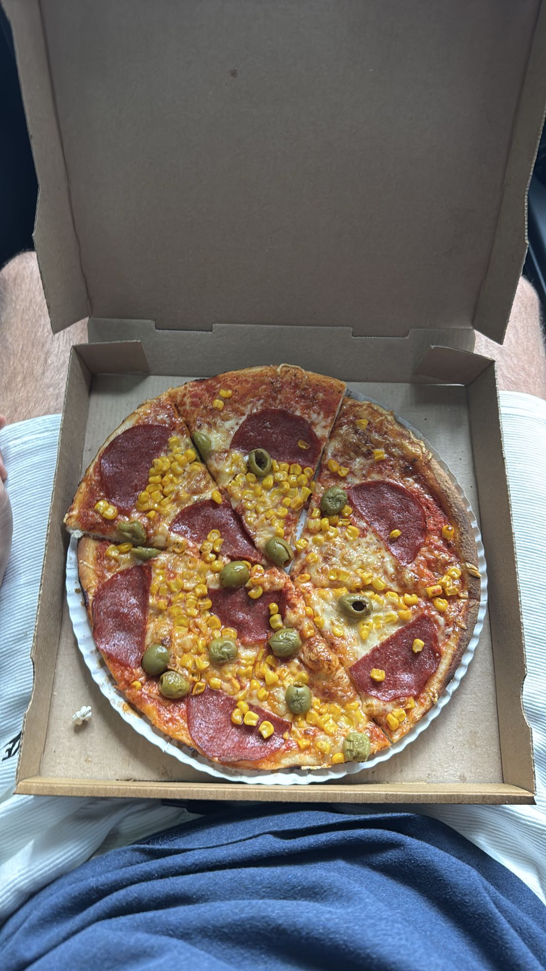 Pizza mit Salami, Mais & Oliven