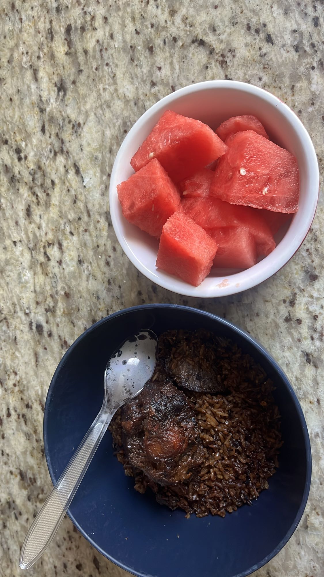 Jollof rice, beef, watermelon