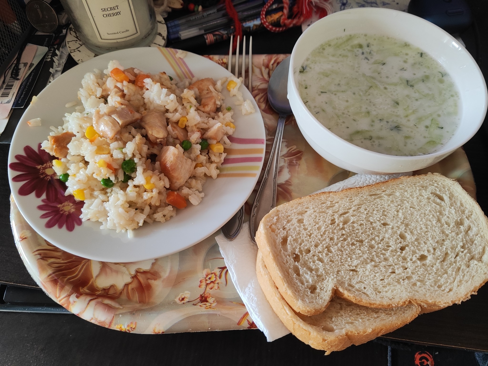 Chicken Rice, Soup, Bread