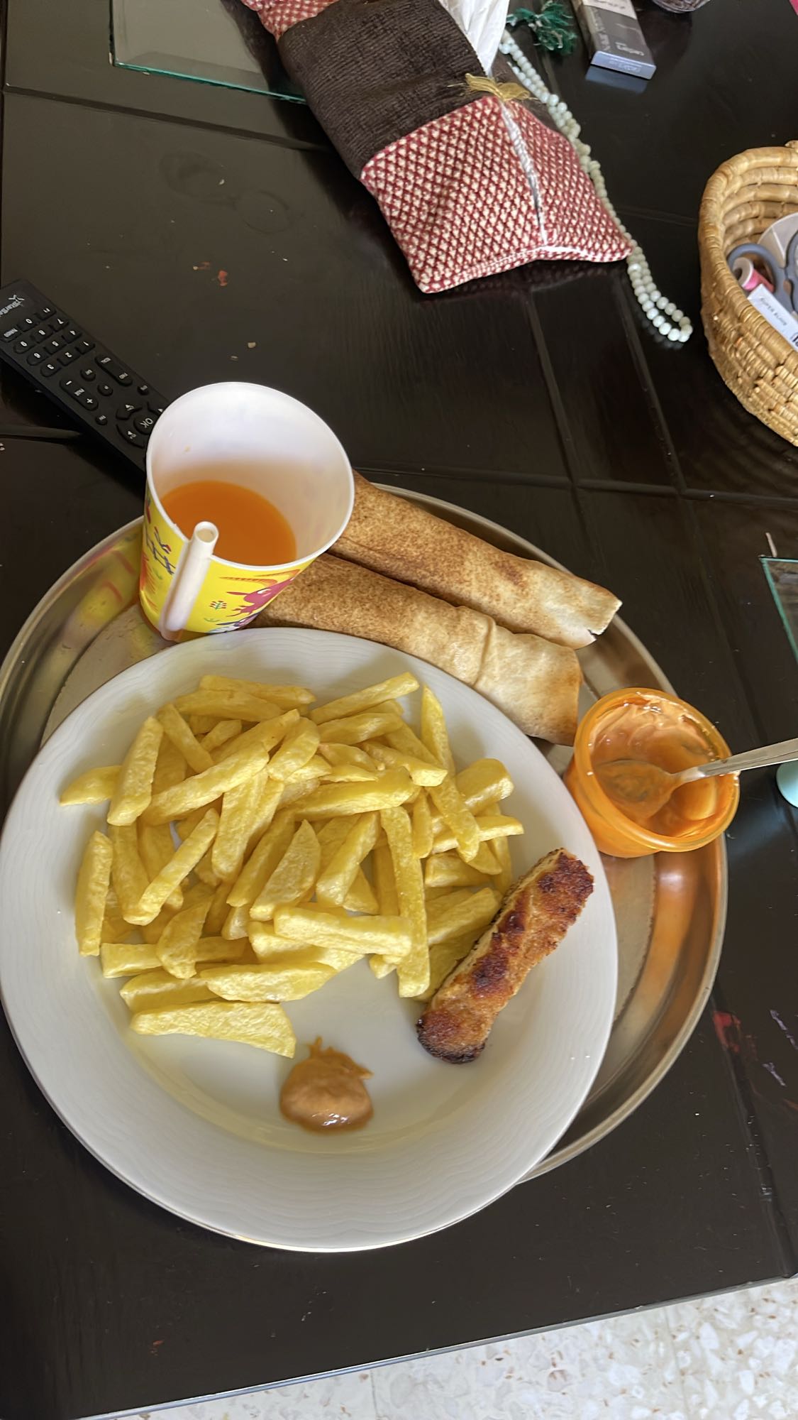 Fries, sausage, bread & juice