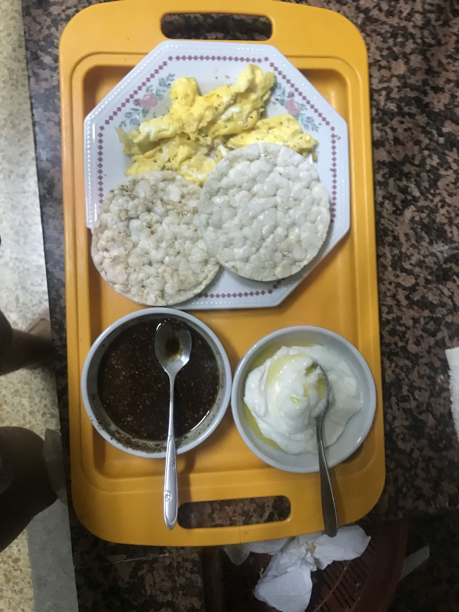 Eggs, rice cakes, yogurt