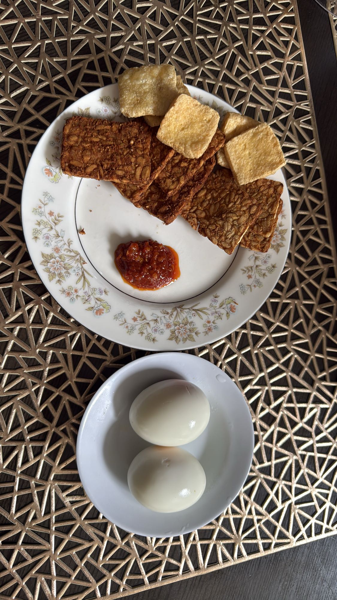 Tempeh, tofu, eggs, sambal
