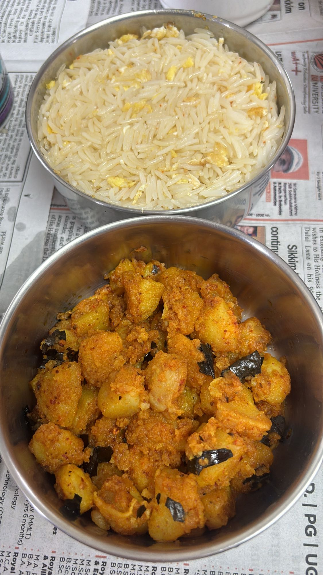 Egg fried rice with potato curry