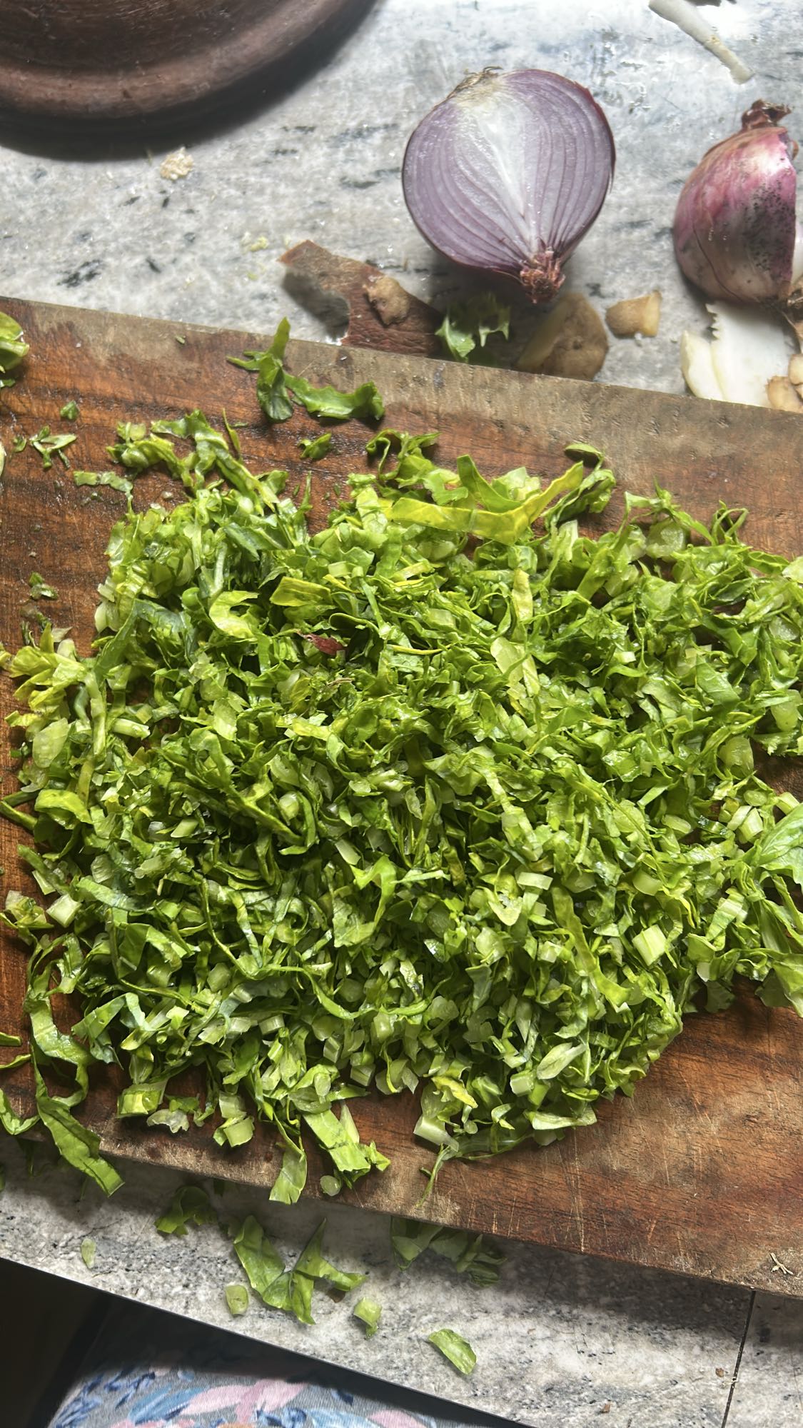 Chopped greens and onion