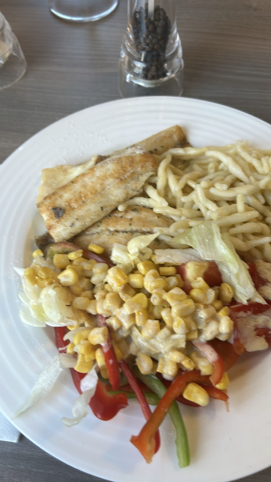 Fisch mit Nudeln & Salat