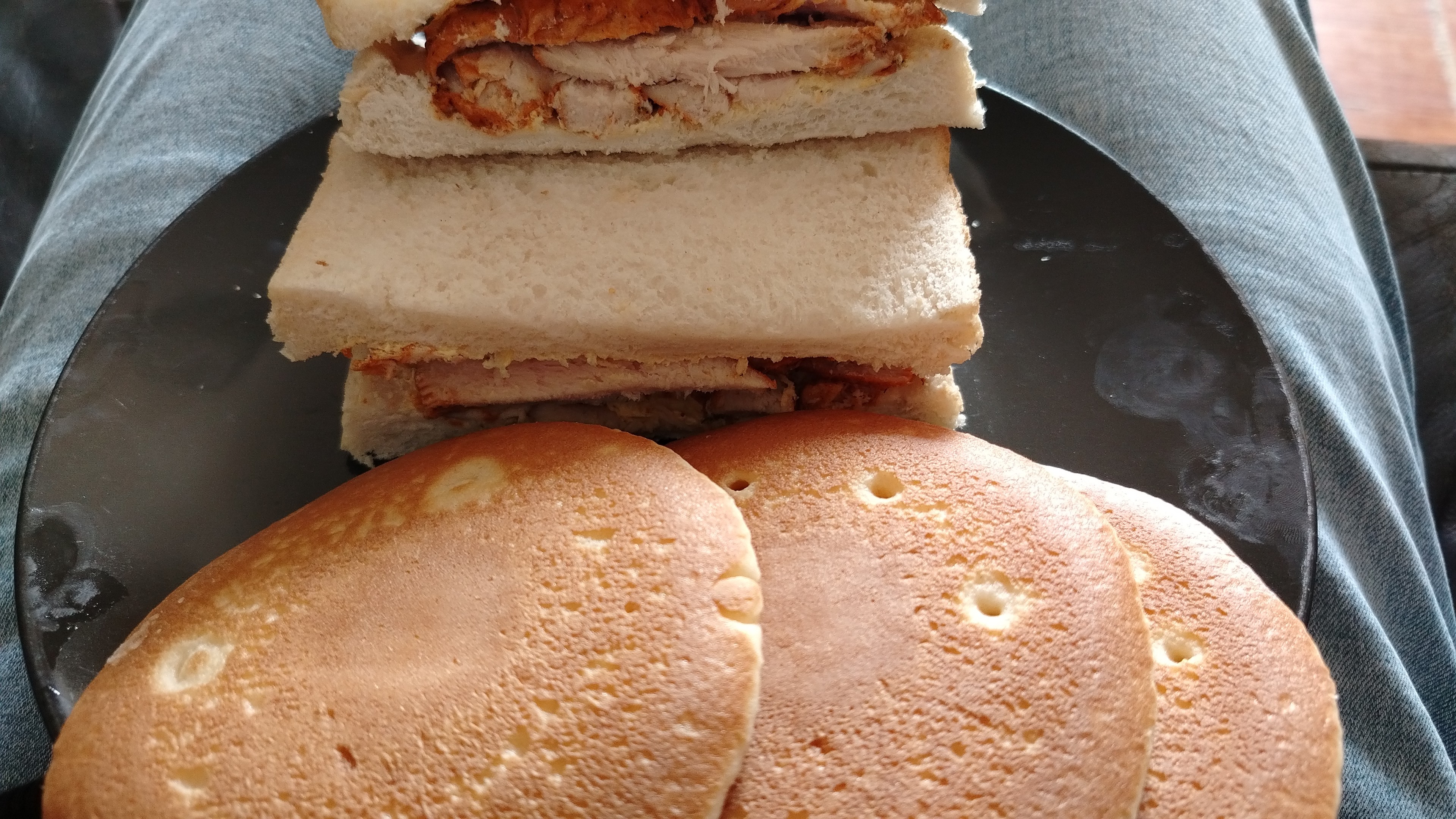 Chicken sandwich and pancakes