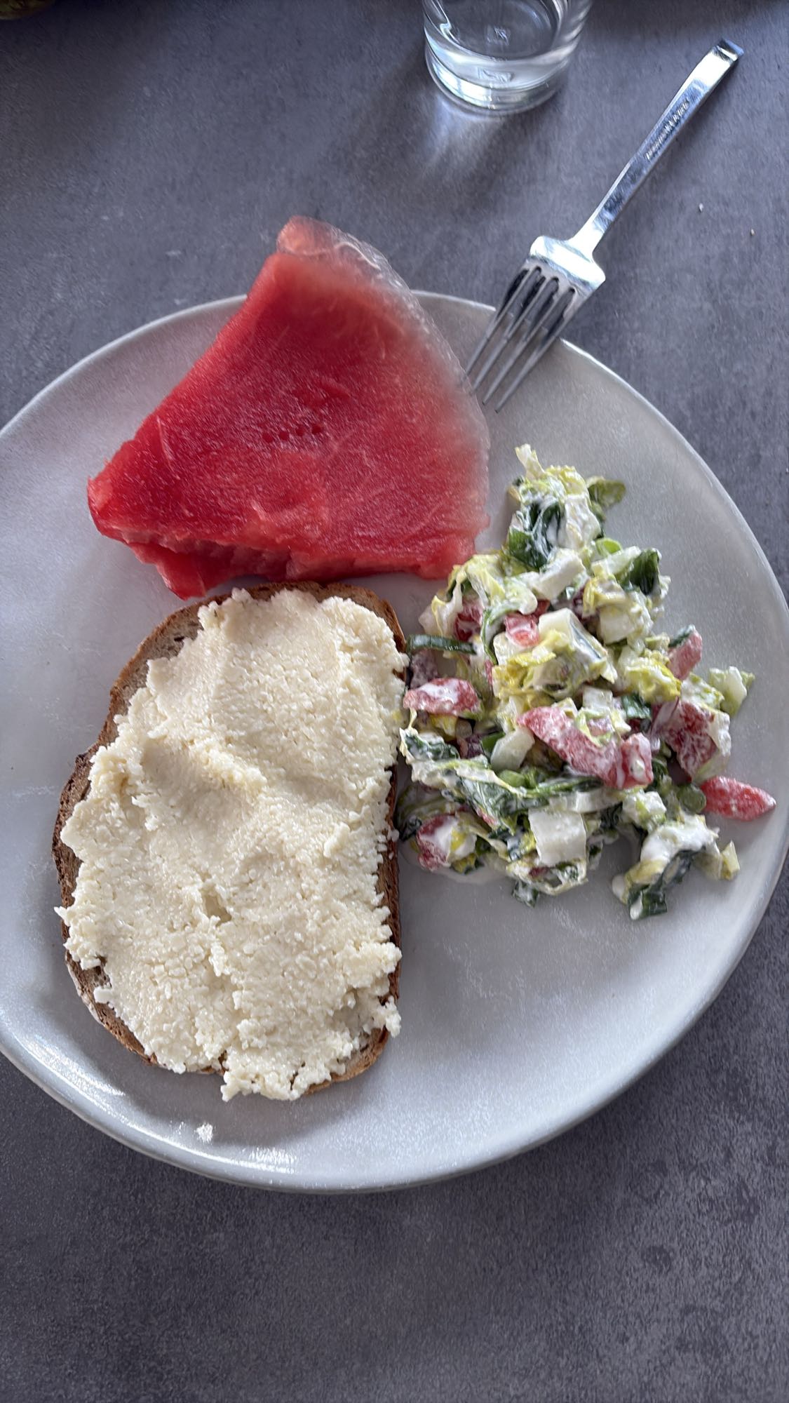 Bread, salad, watermelon