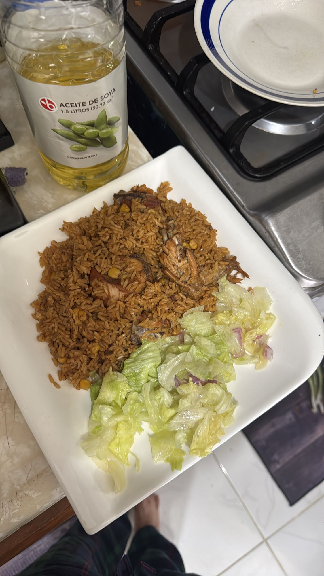 arroz con pollo y ensalada